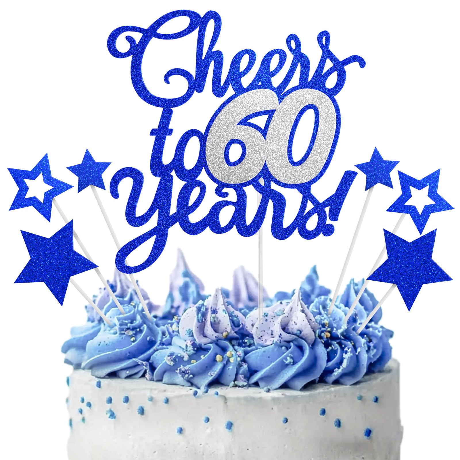 Cheers to 60 Years Cake Topper - Blue Silver 60th Birthday/Anniversary Cake Topper for Men Women - Happy 60th Birthday Cake Topper - Cake Decorations for sixty Birthday or Anniversary Party