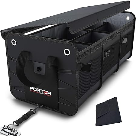 FORTEM Car Trunk Organizer, SUV Trunk Organizer, Car Storage Organizer, Collapsible Multi Compartment Car Organizer, Non Slip Bottom, Adjustable Securing Straps, Foldable Cover (3 Compartments, Black)