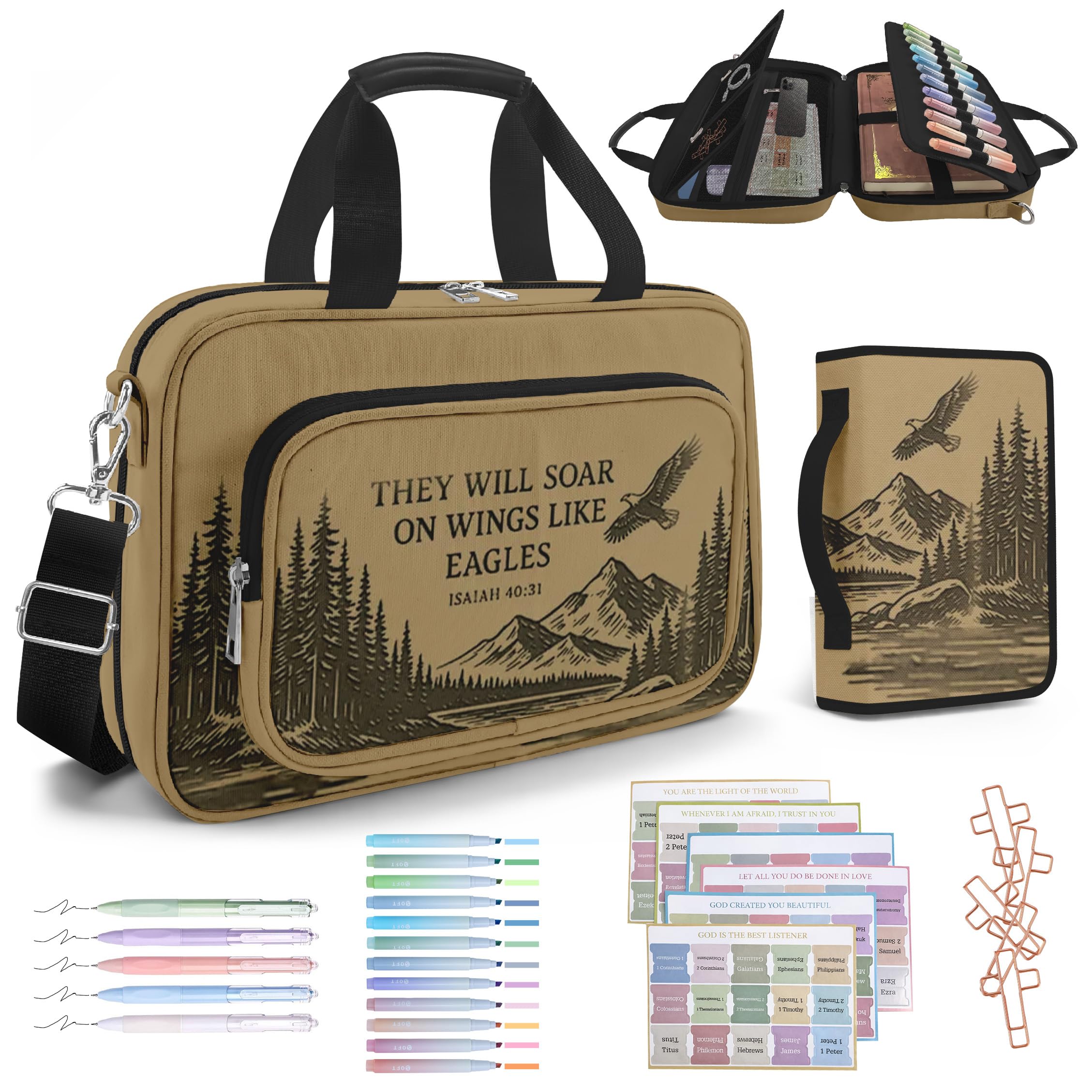 bolimoss Eagle Bible Cover Case for Men Boys,Large Bible Carrying Case with Strap Handle, Bible Cover Bag with Zipper Pocket, Bible Accessories with Pens Highlighters Cross Clip Tabs, Christian Gifts