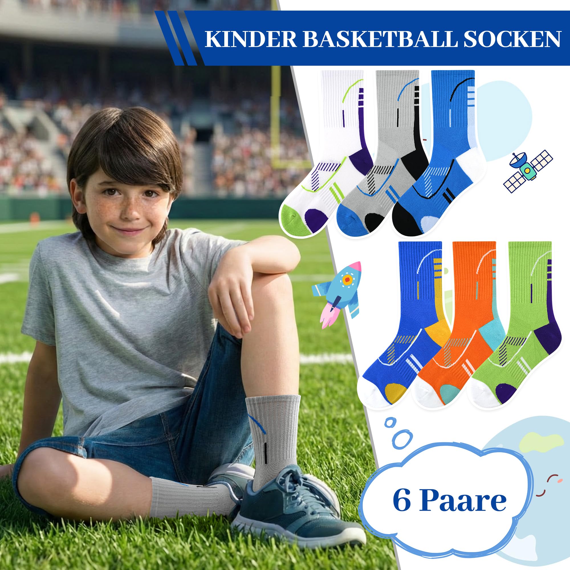 HYCLES Lot de 6 paires de chaussettes de basket-ball en coton respirant pour garçons et filles pour football, rugby, tennis de 6 à 16 ans