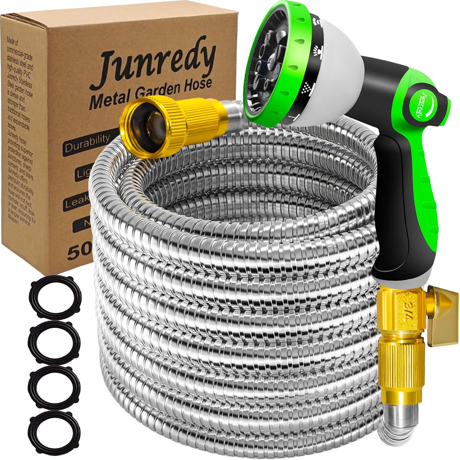 50FT Garden Hose Stainless Steel, Heavy Duty Flexible Metal Water Hose with 10-Function Nozzle, Lightweight & No-Kink Garden Hose, Durable Solid Fittings for Lawn, Car, RV, Outdoor Watering