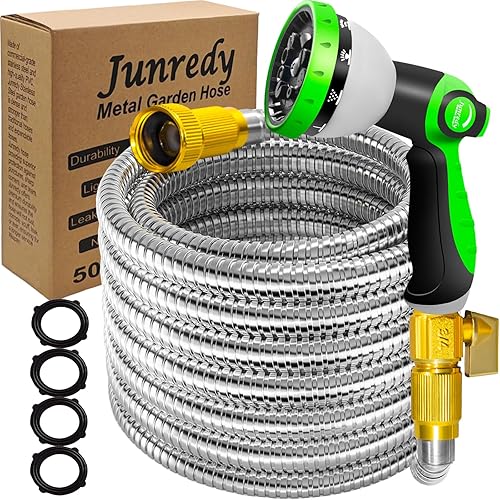 Junredy - Manguera de jardín de 50 pies de acero inoxidable, manguera de agua flexible de metal resistente con boquilla de 10 funciones, manguera de