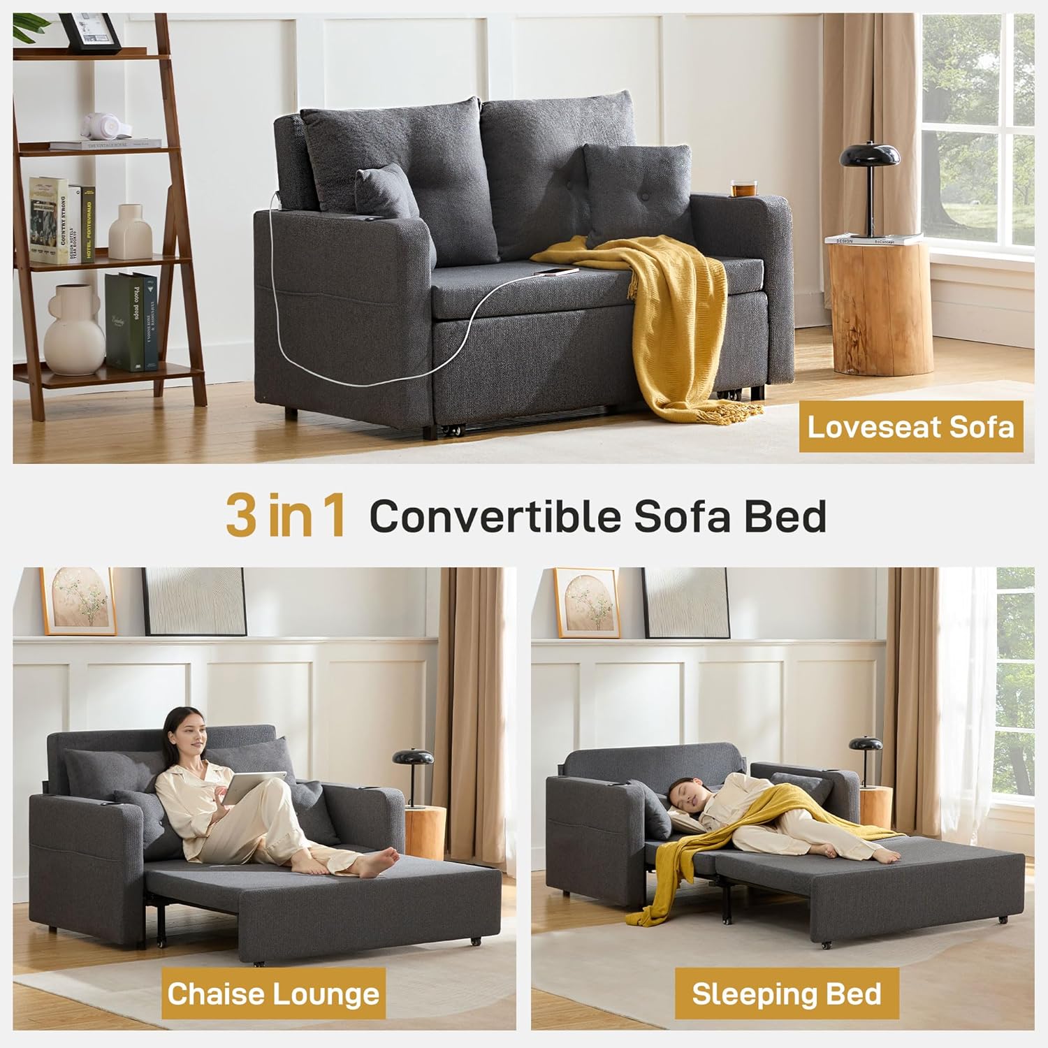 Busaurus 3 in 1 Convertible Sofa Bed, 56" Full Size Loveseat Sleeper Sofa Couch Bed, Sleeper Sofa Bed with Storage Pocket, USB, Comfy Pull Out Sofa Bed for Living Room, Bedroom, Small Space, Dark Grey