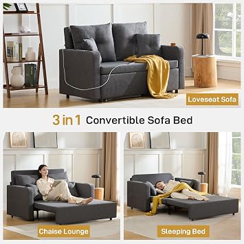 Busaurus 3 in 1 Convertible Sofa Bed, 56 Full Size Loveseat Sleeper Sofa Couch Bed, Sleeper Sofa Bed with Storage Pocket, USB, Comfy Pull Out Sofa Bed for Living Room, Bedroom, Small Space, Dark Grey