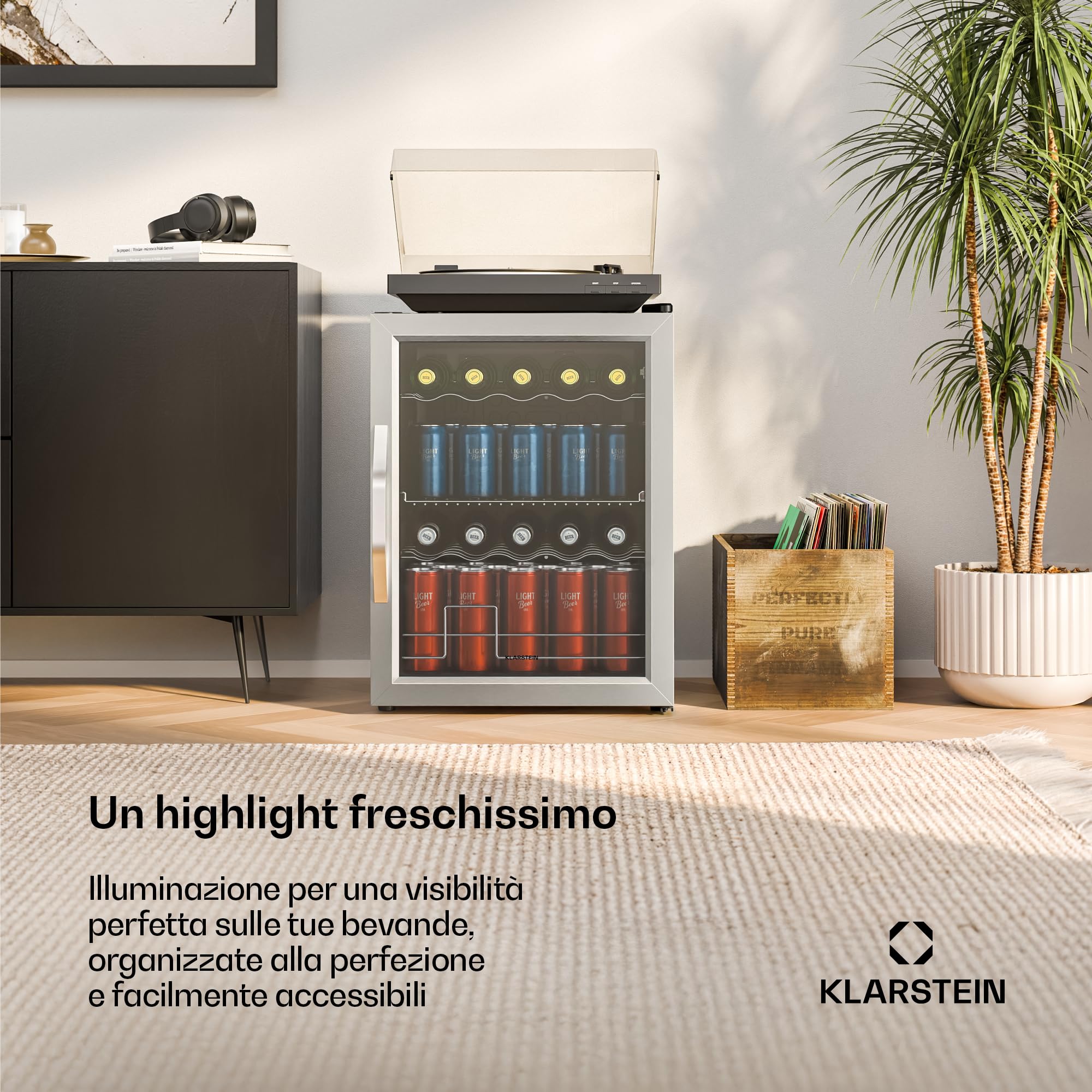 KLARSTEIN Frigo Vetrina Bibite 60L - Porta in Vetro Doppio Isolamento, LED, 0-13°C, 3 Ripiani Regolabili, Frigorifero Vetrina Bibite, Temperatura Precisa, Design Moderno