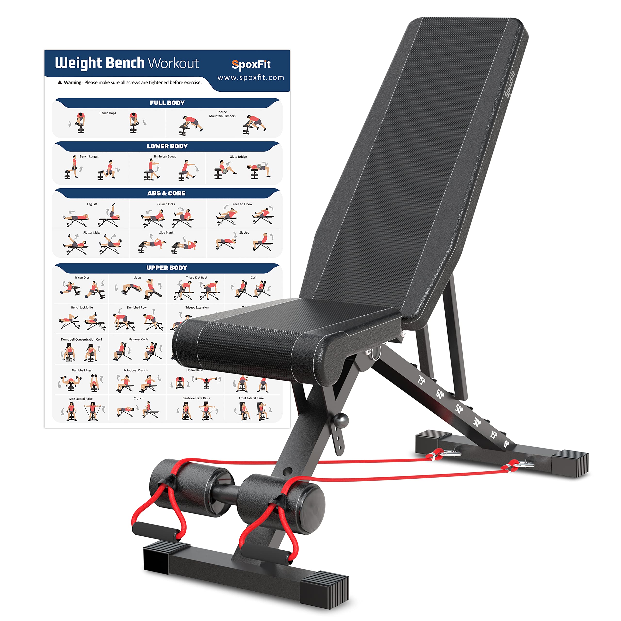 SpoxFit Adjustable Weight Bench, Full Body Workout Bench for Home Gym, Multi-Purpose Small Lightweight Bench with Workout Poster & Resistance Bands, Folding Weight Bench Super Easy Assembly