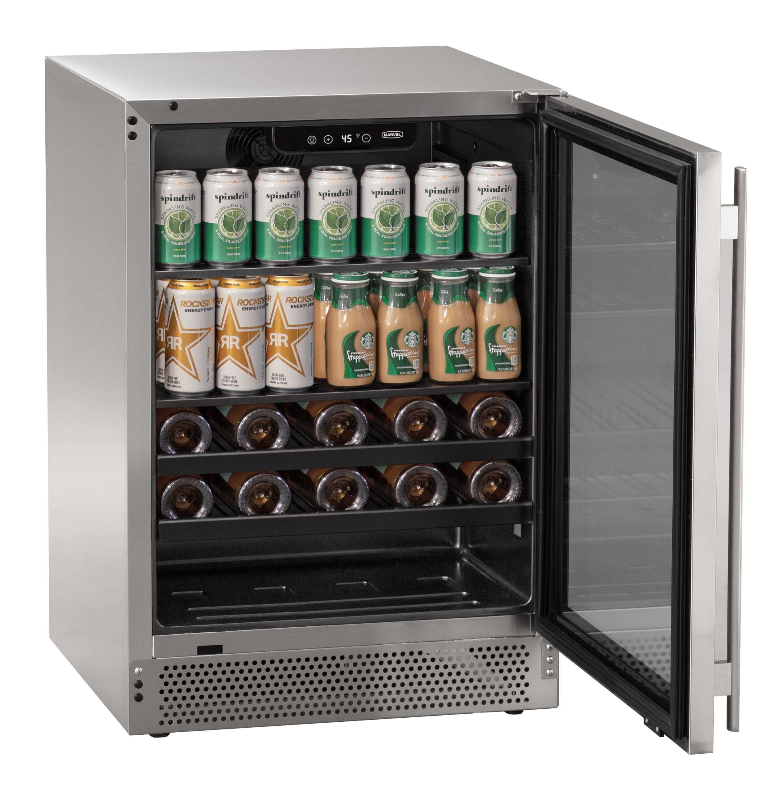 Marvel Northland Collection 24" Undercounter Beverage Center w/Glass Door, 2 Adjustable Shelves & 2 Full-Extension Wine Rack, Stores up to 18 Wine Bottles and 126 12-oz Cans, Indoor/Outdoor Rated | Fridge.com