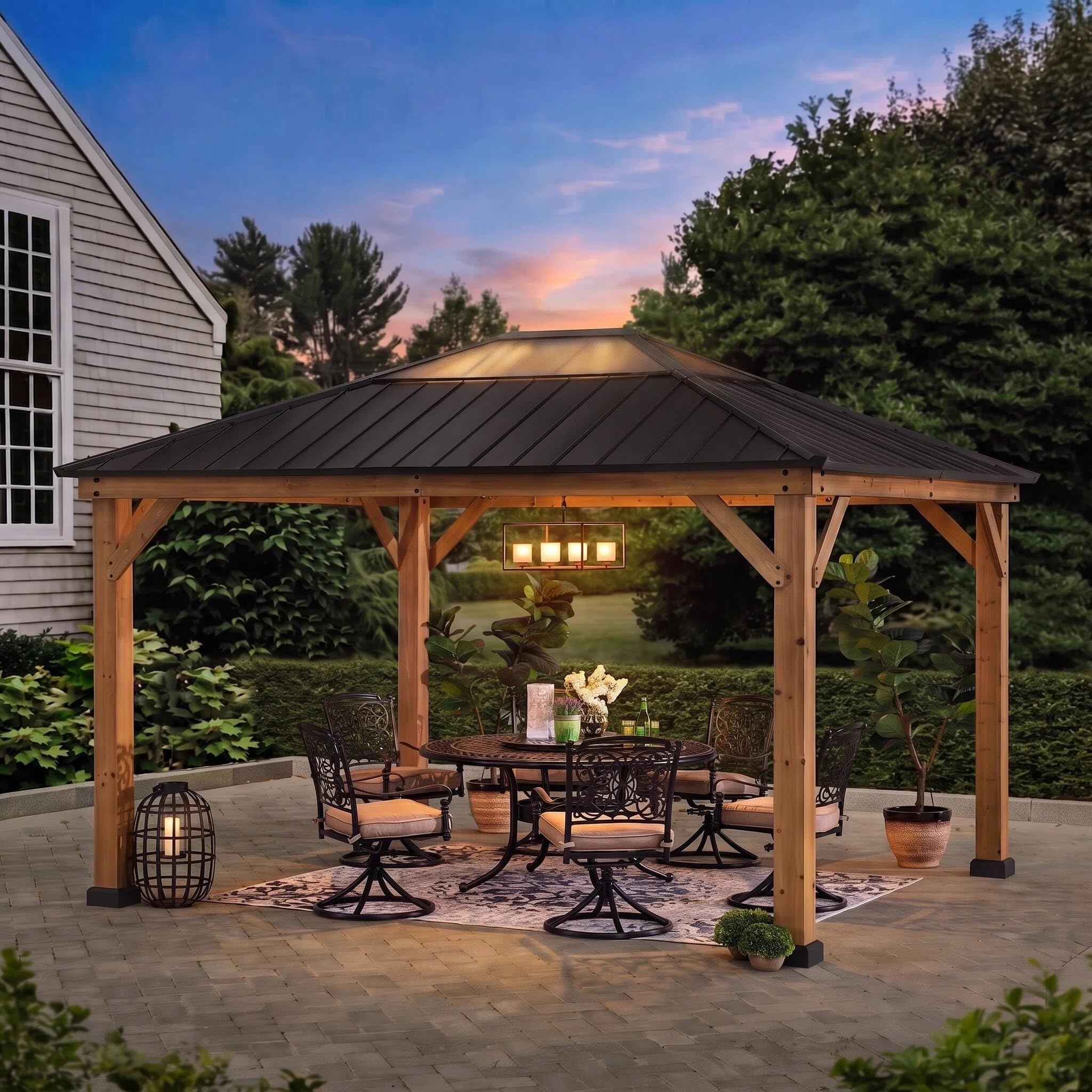 SUNJOY Tonnelle Hardtop Bois 3,3×3,9 m, Cadre en Cèdre Naturel, Toit en Acier avec Puits de Lumière en Polycarbonate, Pavillon Extérieur Résistant au Vent et à la Neige pour Jardin, Patio et Terrasse