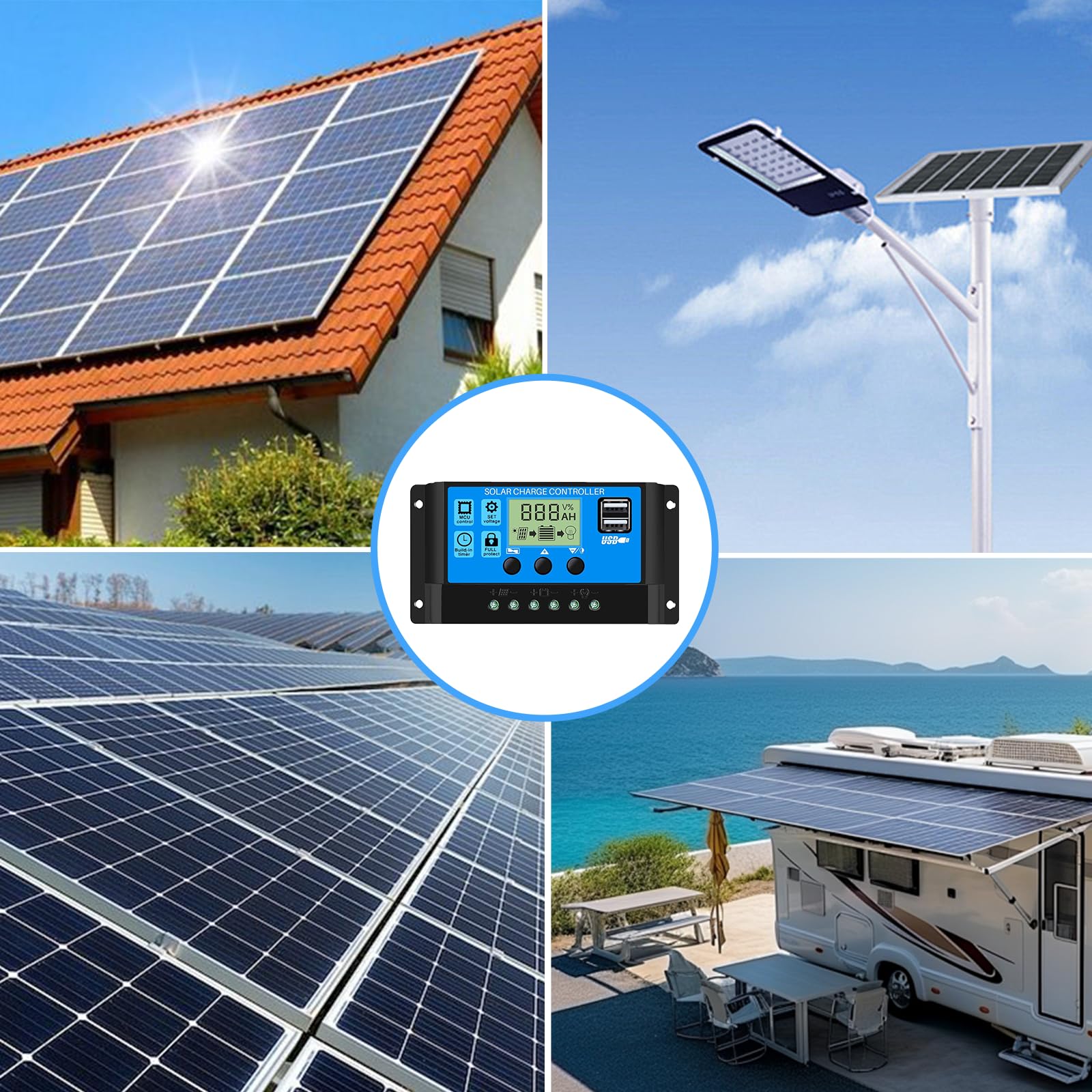 30A Regulateur Panneau Solaire Régulateur Solaire Contrôleur de Charge Solaire 12V/24V Régulateur Panneau Solaire de Batterie Intelligent PWM avec LCD Affichage