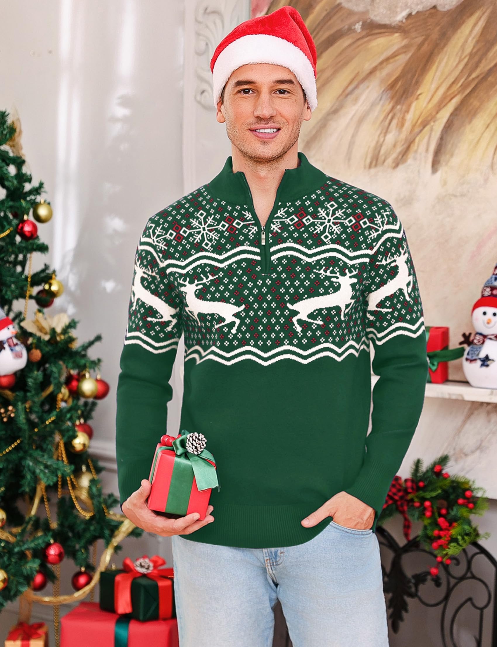 Jersey de Navidad para Hombre Invierno Cuello Alto con Media Cremallera Suéter de Navideñas Punto de Manga Larga S-3XL