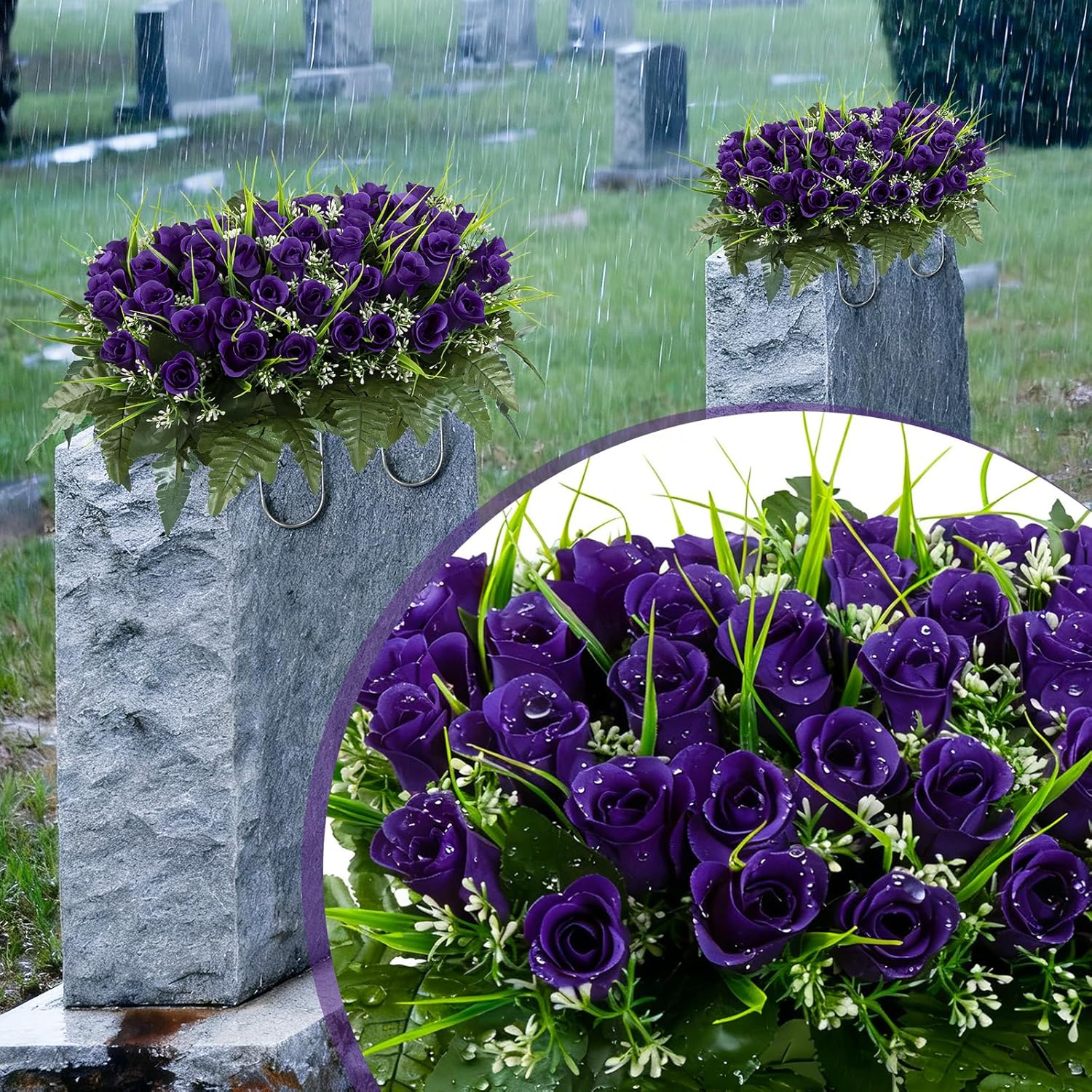 XONOR Artificial Cemetery Tombstone Flowers Saddle, Outdoor Grave Memorial Flowers Saddle for Headstone, Cemetery Decoration (Purple)
