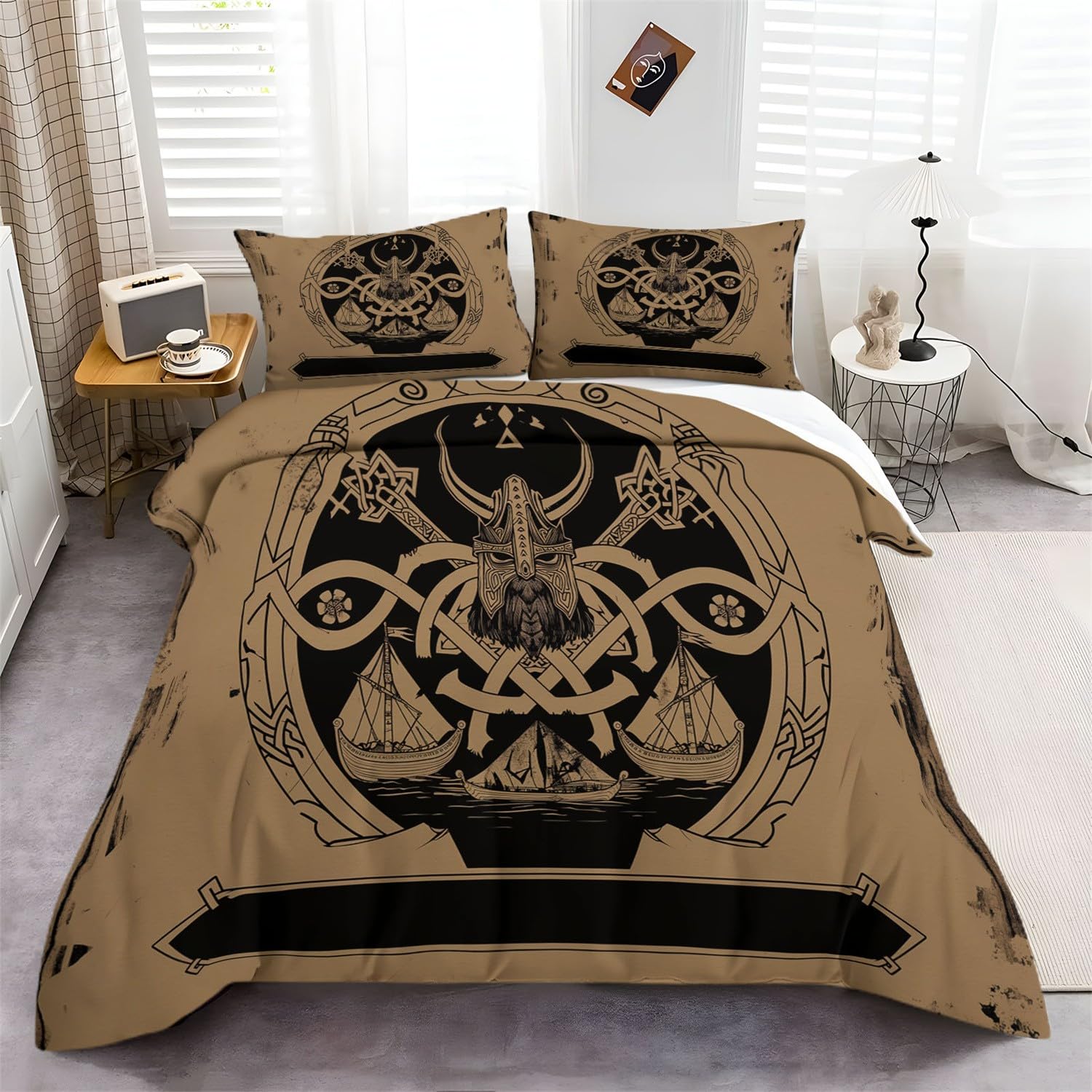 Poszwa na kołdrę z emblematem wikingów vintage poszwa na kołdrę 220 x 240 cm zestaw pościeli dla nastolatka chłopca dorosły dekoracja sypialni brązowy czarny jasny zestaw poszewek na kołdrę