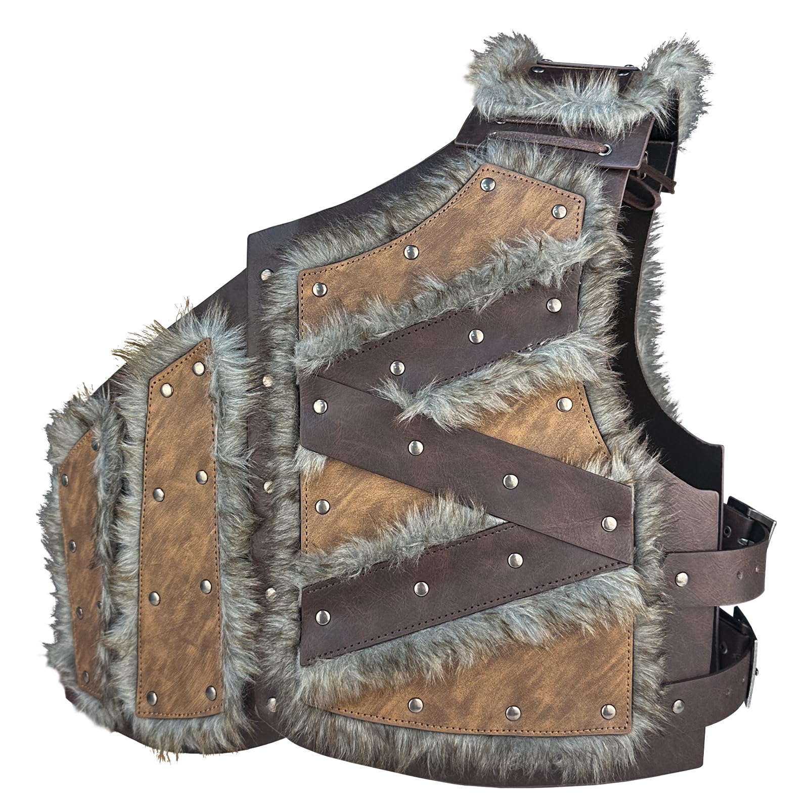 HiiFeuer Viking Artificial Fur Faux Leather Chest Armor, Medieval Vintage Barbarian Body Armor Knight Adjustable Vest Armour (Brown A)