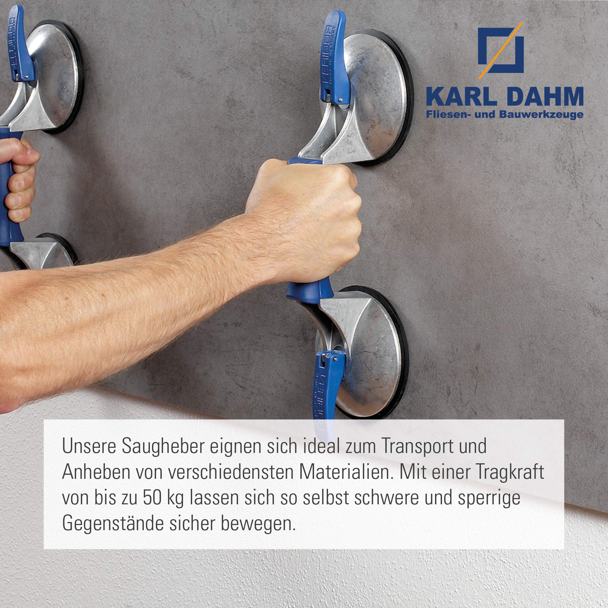 Karl Dahm 2-Kopf Vakuum Saugheber für glatte und strukturierte Oberflächen I Vakuumheber mit starker Saugkraft bis ca. 50 kg I Vakuum Saugnapf für Fliesen, Marmor, Terrazzo, Blechen, Glas etc. – 11775