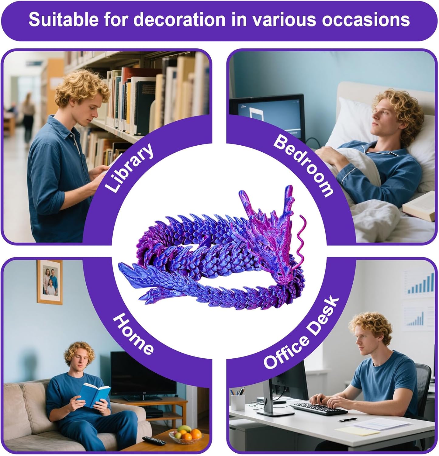 3D Printed Dragon, 24 Inch Reinforcement of Unbreakable 3D Dragon, Flexible Articulated Dragon for Autism/ADHD, Home Office Decor Executive Desk Toy, Purple