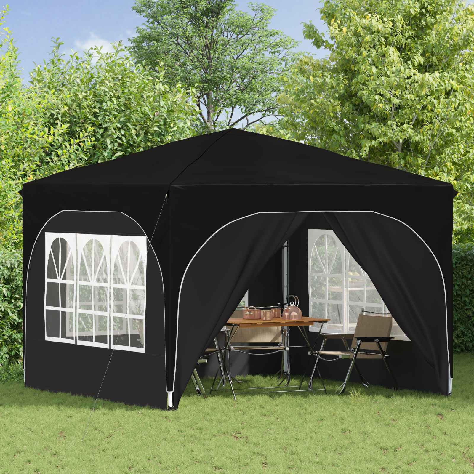 Namiot imprezowy Pop-up 290 x 290 x 245 cm, czarny, z 4 częściami bocznymi, ochrona przed promieniowaniem UV, wodoszczelny namiot ogrodowy, składany, stabilna rama stalowa, składany, na