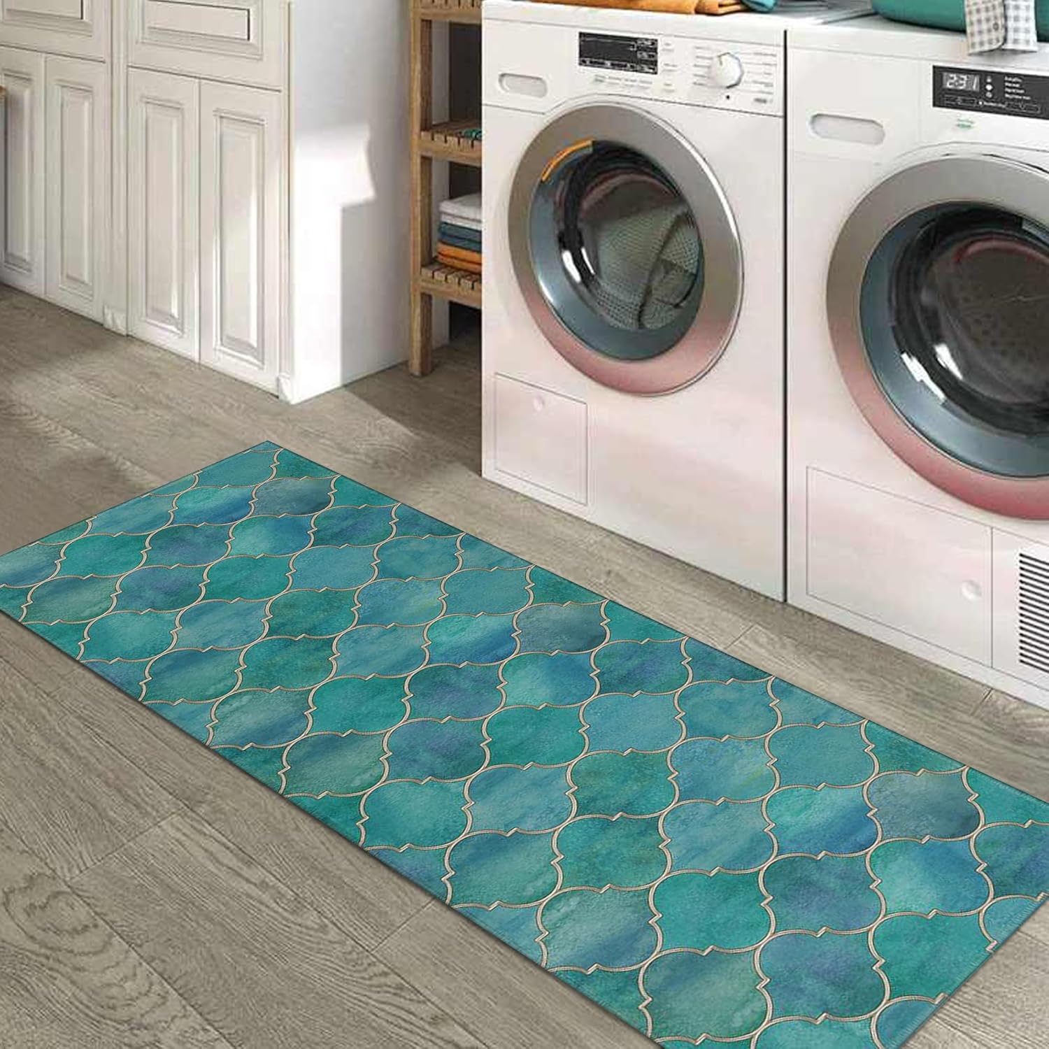 Teal Kitchen Rugs Sets of 2 Decor Turquoise Kitchen Rug Mat Washable Non-Slip Teal Kitchen Mats for Floor 2 Piece