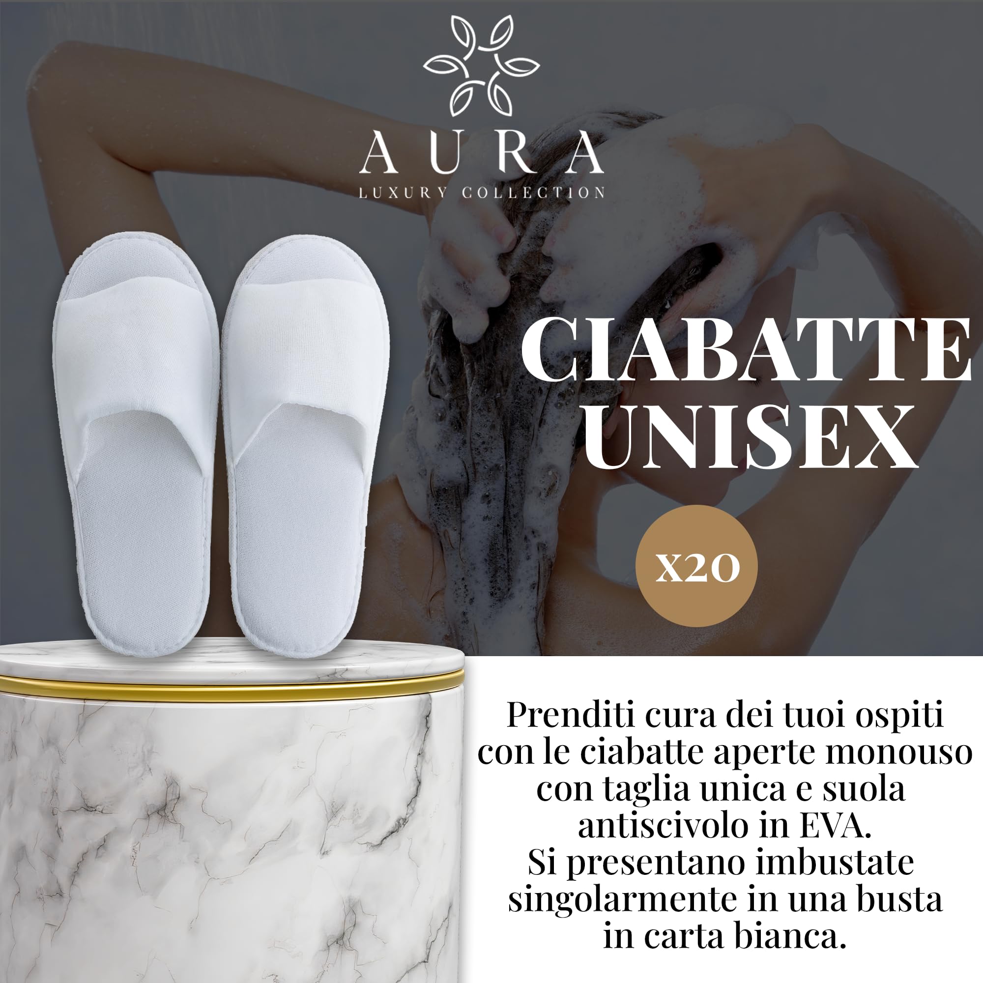 Aura Luxury Collection® Zestaw grzecznościowy 250 sztuk: 70 butelek pod prysznic szampon, 70 butelek do higieny intymnej, 40 słuchawek, 50 zapakowanych kartonowych kubków, 20 par kapci + darmowe 500