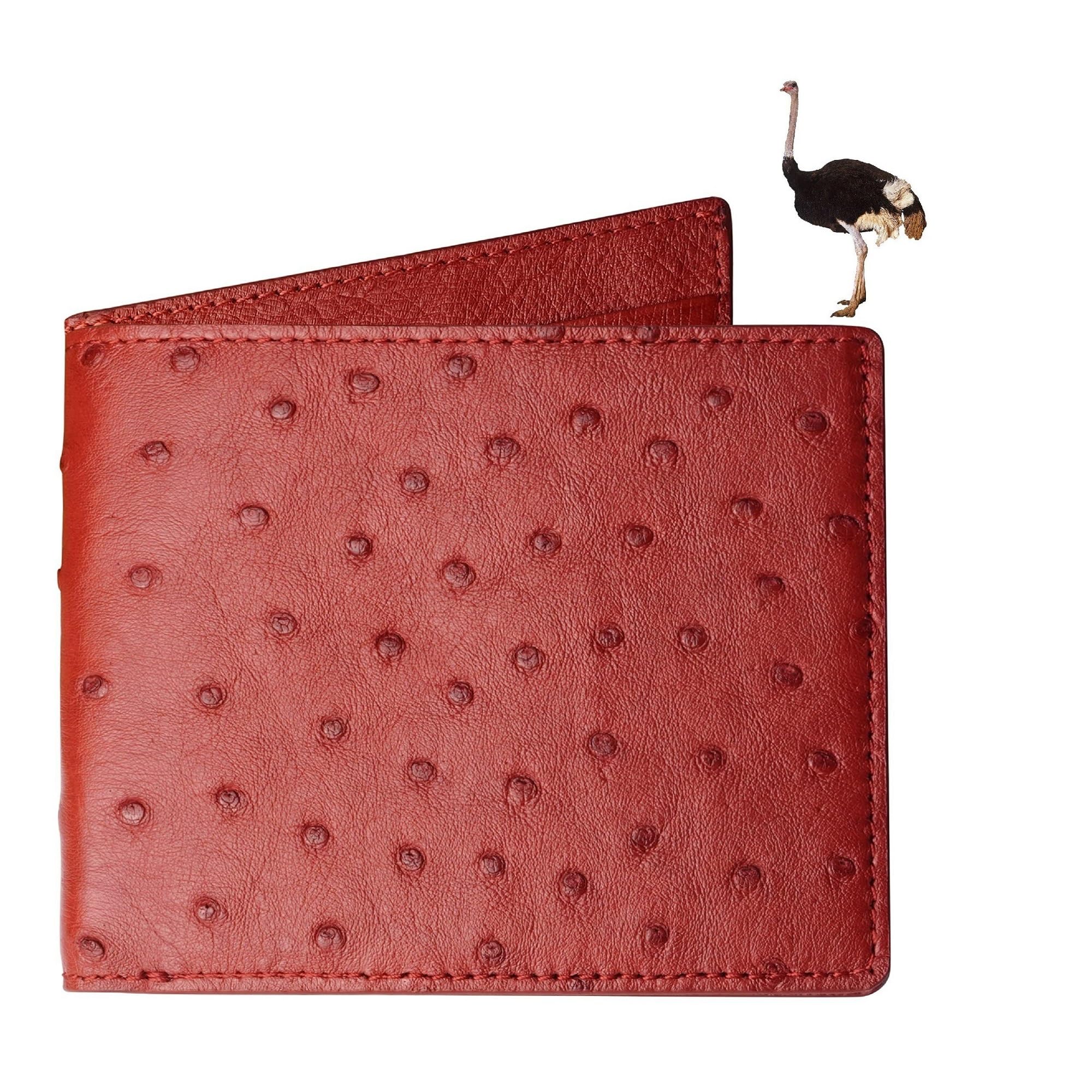 HATA Red Ostrich Leather Bifold Wallet for Men, Double-Sided Ostrich Billfold with RFID Blocking, Handmade Leather Wallet Gift for Birthday, Anniversary, Father's Day VINAMOS-07