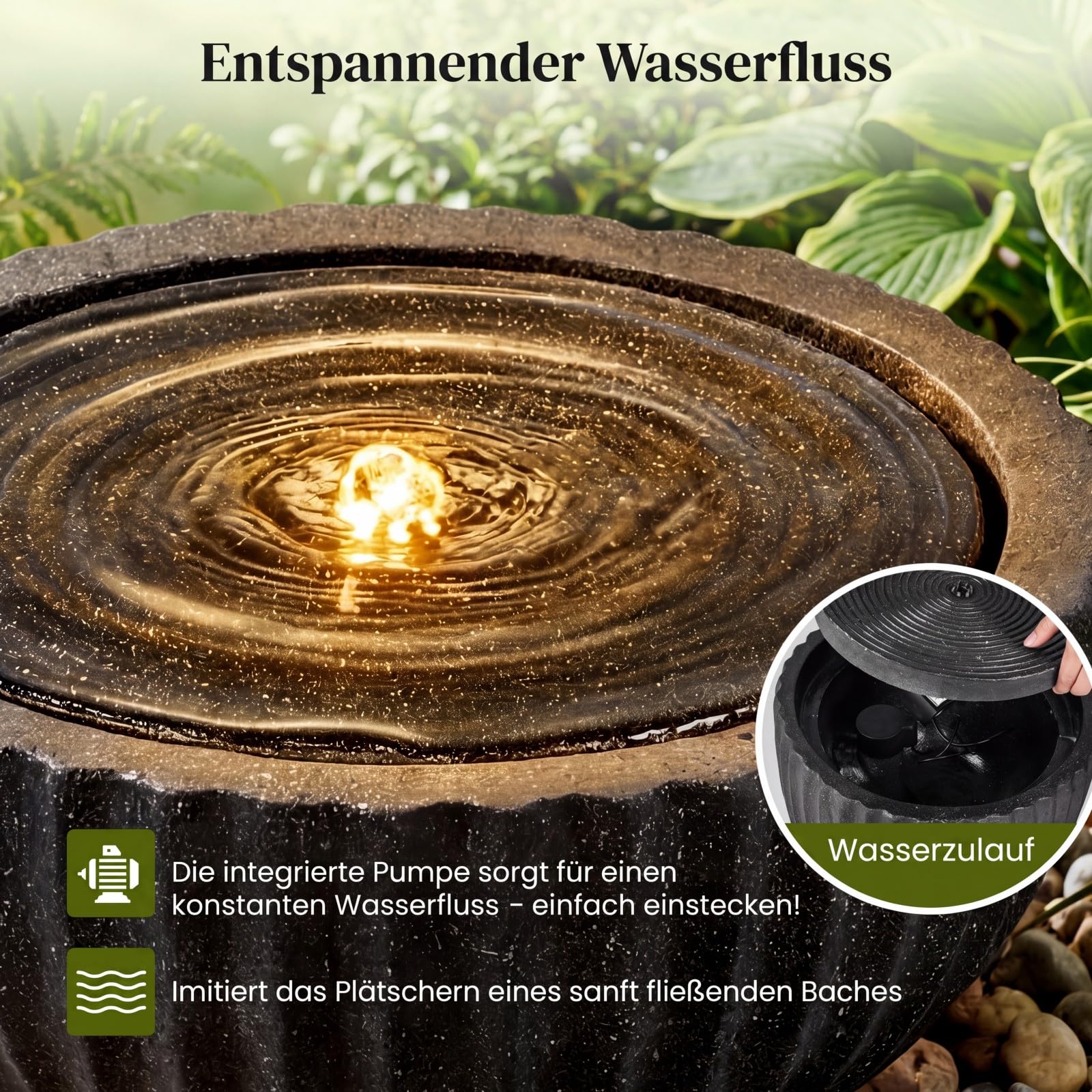 COSTWAY Springbrunnen Rund, Gartenbrunnen mit LED Beleuchtung & Pumpe, Brunnen Outdoor, Steinoptik, Zimmerbrunnen draußen, Wasserfall Brunnen für Garten Balkon Terrasse, 45 x 45 x 23,5 cm