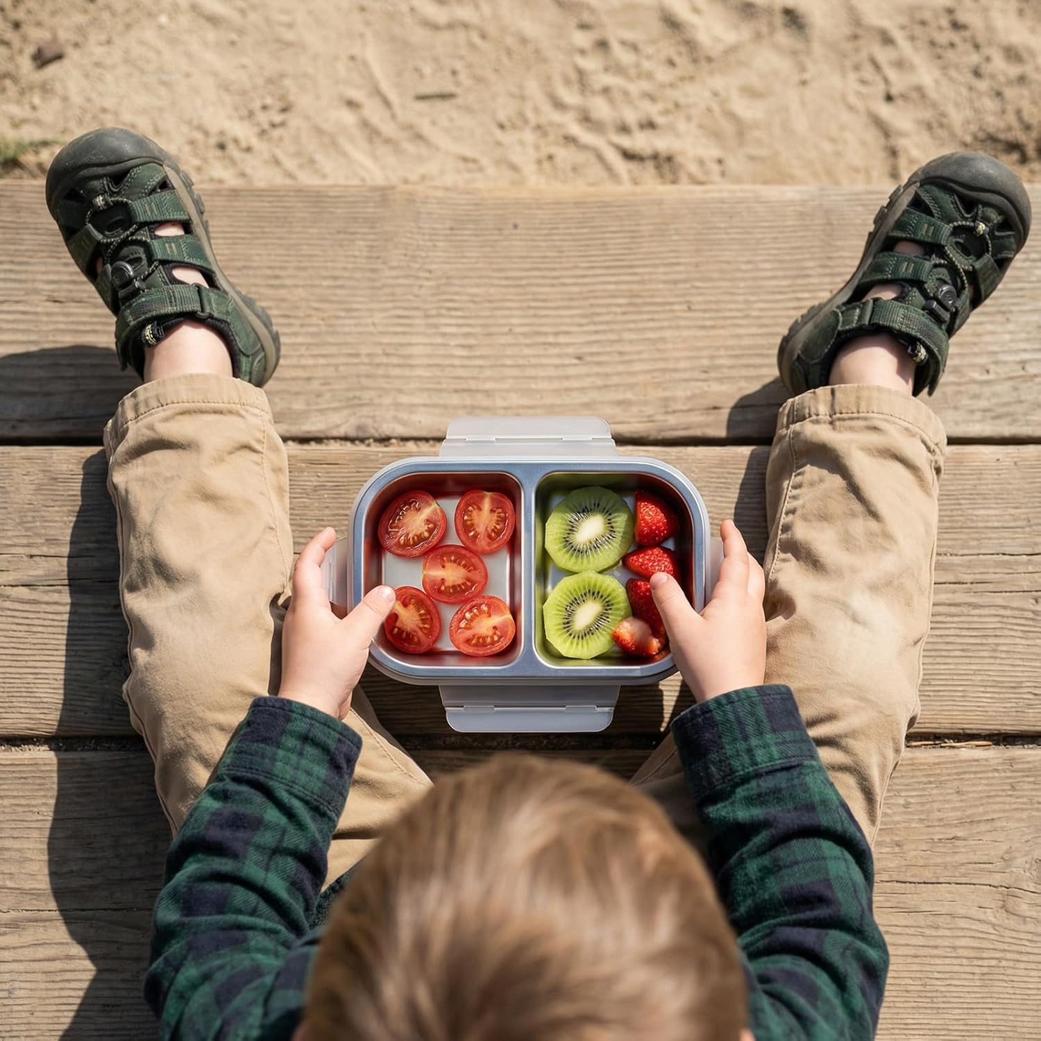 4 Pack Stainless Steel Snack Containers, 2 Compartment Reusable Metal Snack Boxes Containers with Leak-Proof Lids, Compact Lunch Box Food Storage Container