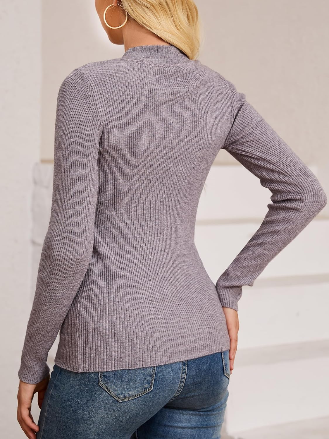 Womens Long Sleeve Mock Neck Sweater Ribbed Knit Top Mock Turtleneck Pullover Casual Fitting Jumper Sweater Top - Image 2