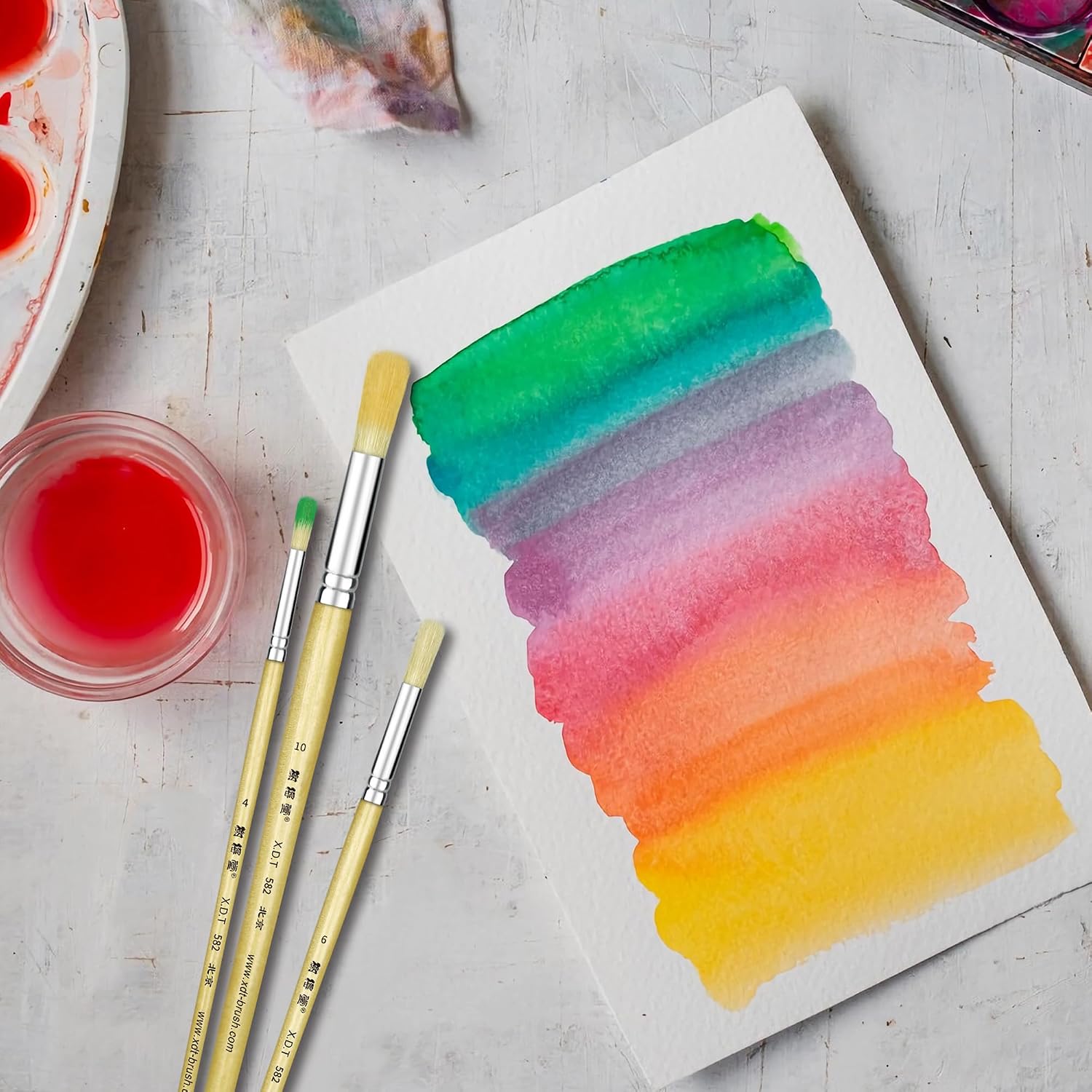 XDT#582 Round Tip Artist Paint Brush 6 Piece Set Medium Stiff Hog Bristle Extra Long Handle #1#3#5#7#9#11, Best Brush for Painting Oil Acrylic Watercolor On Canvas