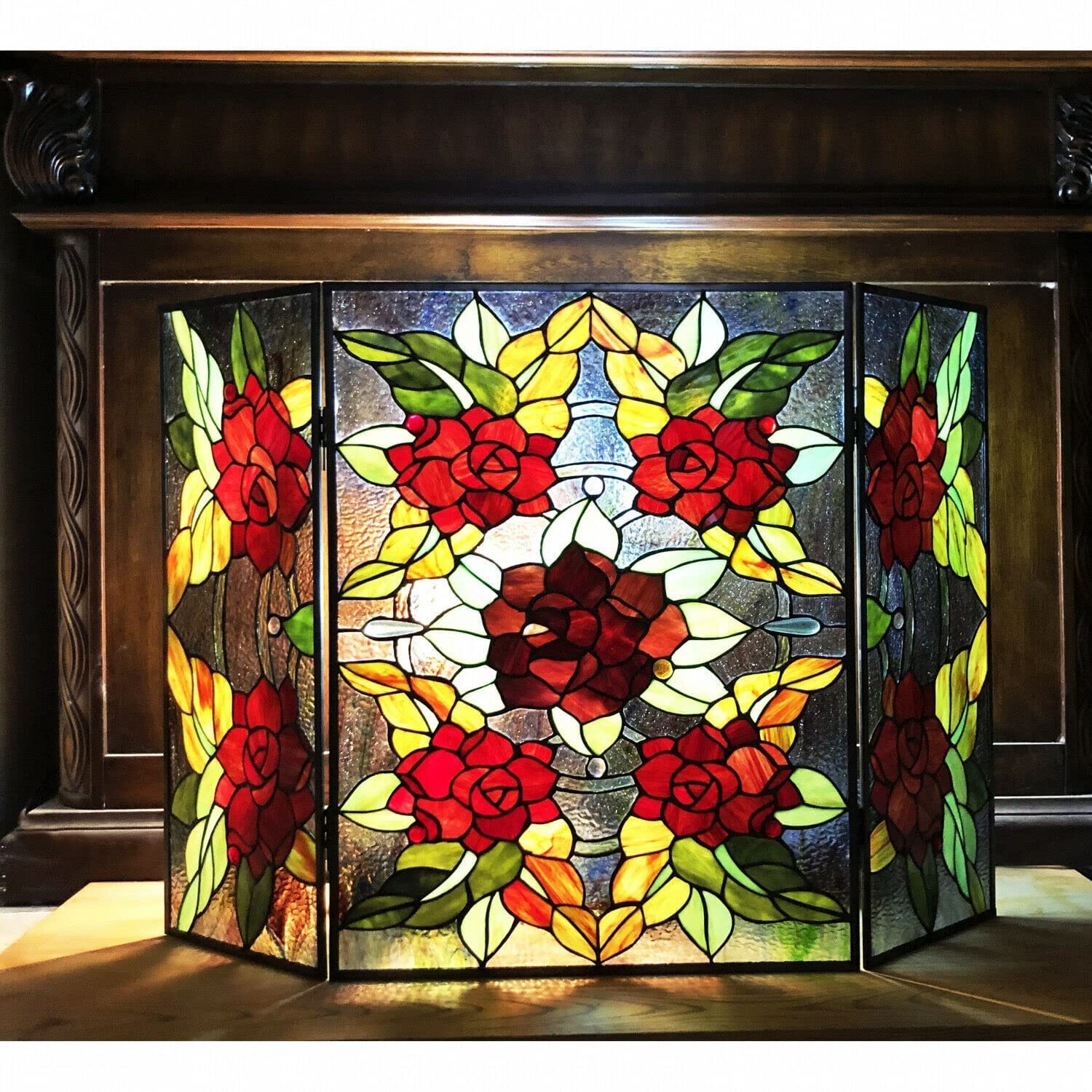 ヴィンテージ風 スクリーン（屏風） Blythe撮影用ディスプレイ ガーデン雑貨 Amazon.com: Fireplace Screens Style Stained Glass Floral 3-Panel