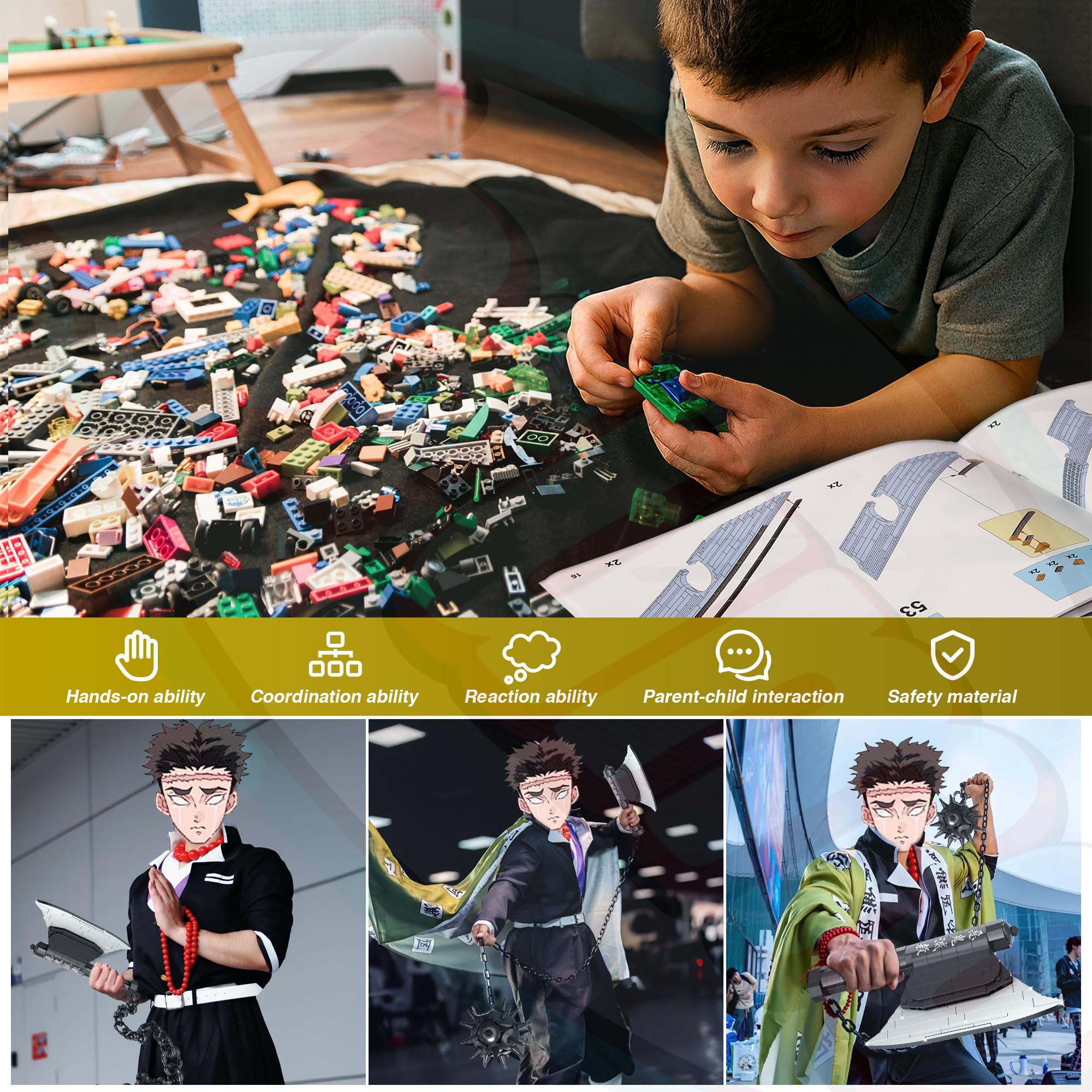 Jorumo Swords Building Sets for Adults, 42in Himejima Gyomei Axe & Meteor Hammer Building Block, Anime Sword Building Toy Katana Gift, 826 Pcs