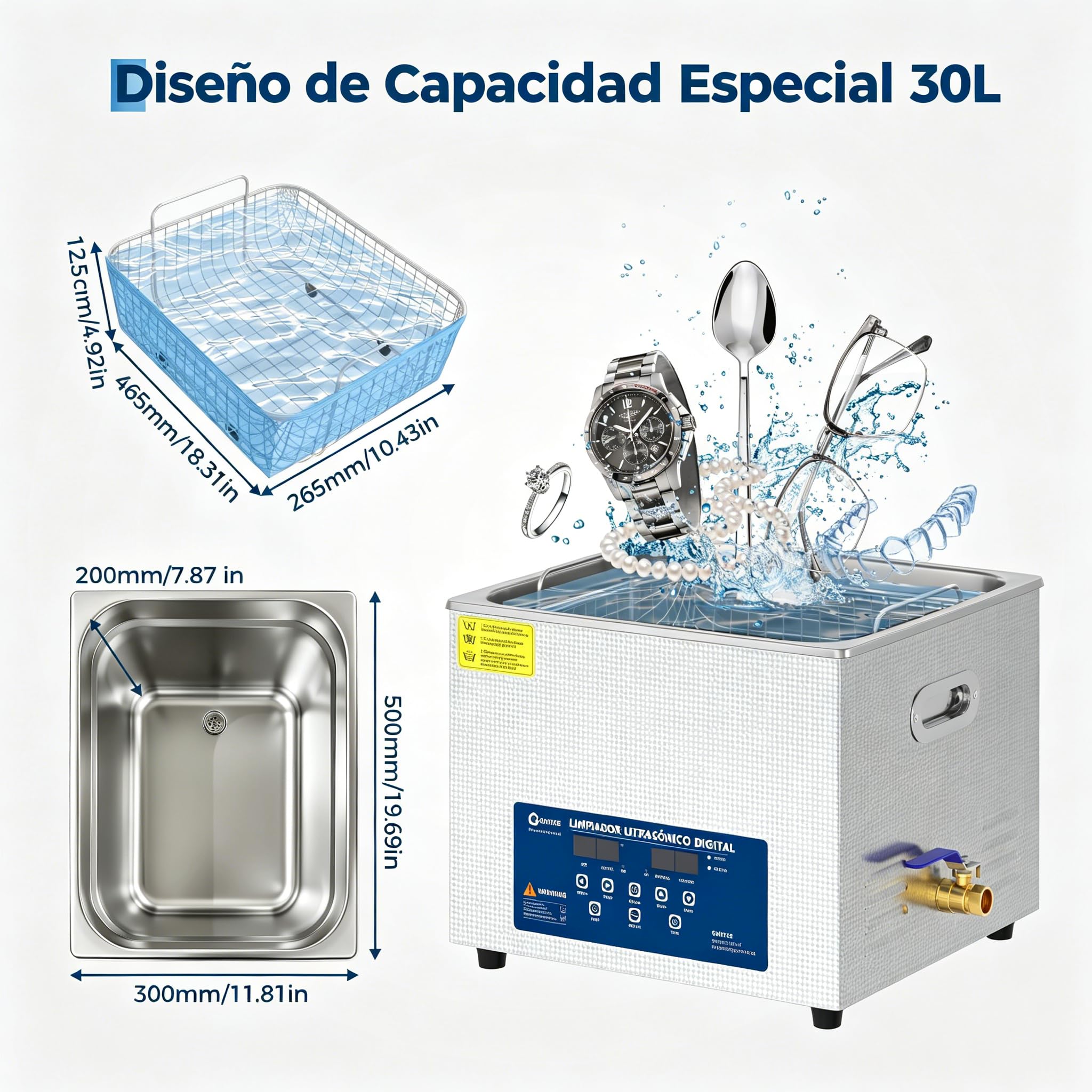 Garvee Limpiador Ultrasónico 30L 40kHz 60W, Máquina de Limpieza por Ultrasonidos en Acero Inoxidable 304, Panel Digital con Temporizador Ajustable 0-30 Min y Cesta para Joyas, Relojes, Gafas y Dental