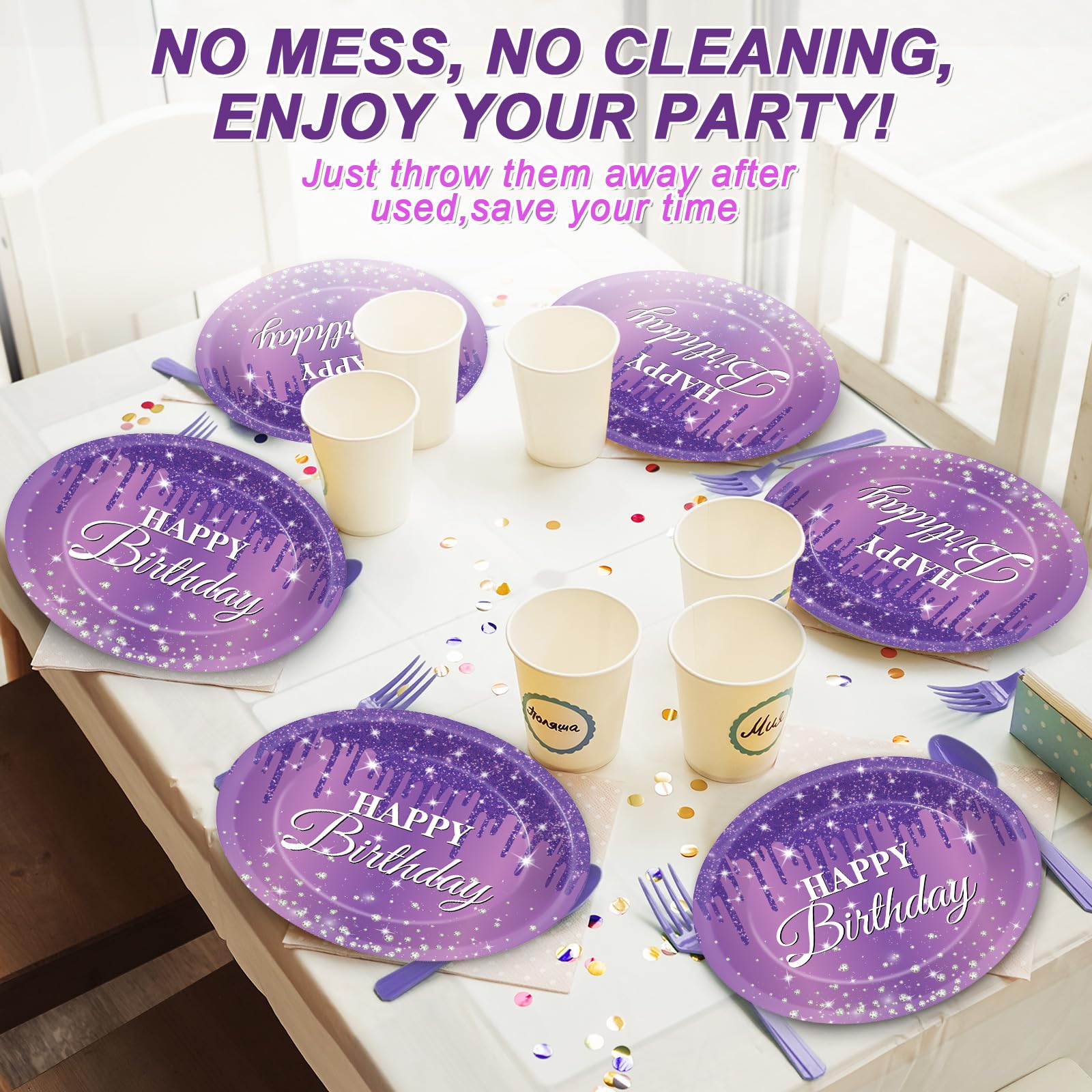 50 platos de papel ovalados de cumpleaños morados y plateados de 11 pulgadas, platos grandes de diamantes con purpurina, decoración de fiesta de cumpleaños, bandeja resistente para niñas y mujeres