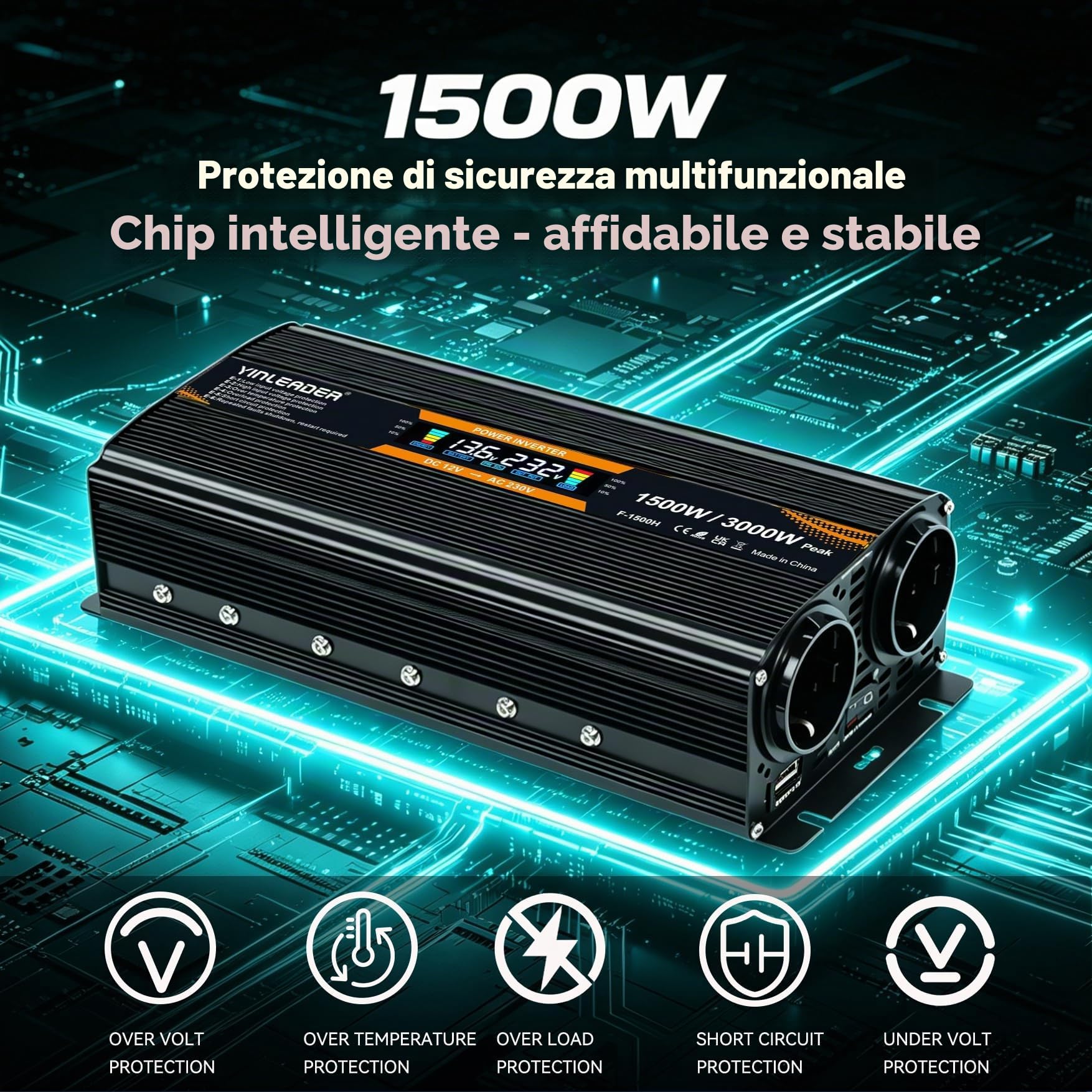 Trasformatore di tensione 12 V 230 V 1500 W / 3000 W Inverter LCD | convertitore di corrente con 2 prese 1 USB