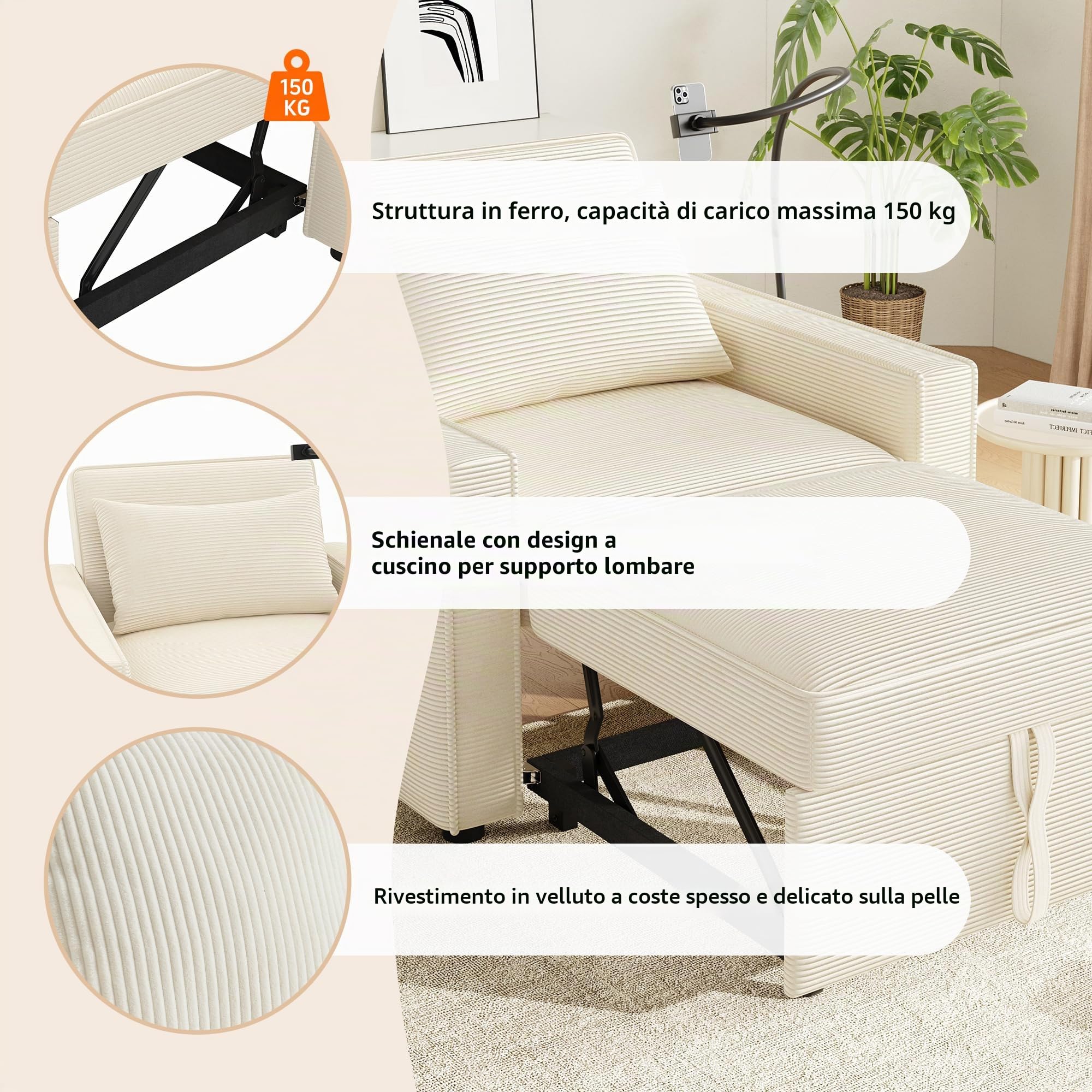 Idemon Divano letto pieghevole multifunzione con porta di ricarica USB e supporto per cellulare, poltrona relax a 1 posto, trasformabile, salvaspazio per soggiorno e camera da letto, tessuto in