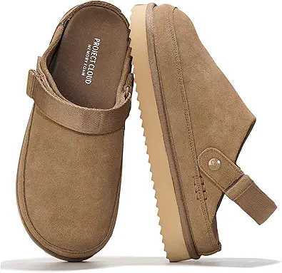 Project Cloud Genuine Suede Clogs for Women - Memory Foam Womens Clogs & Mules with Adjustable Straps - Lightweight Platform Shoes Non-Slip Slides (Goldstar)