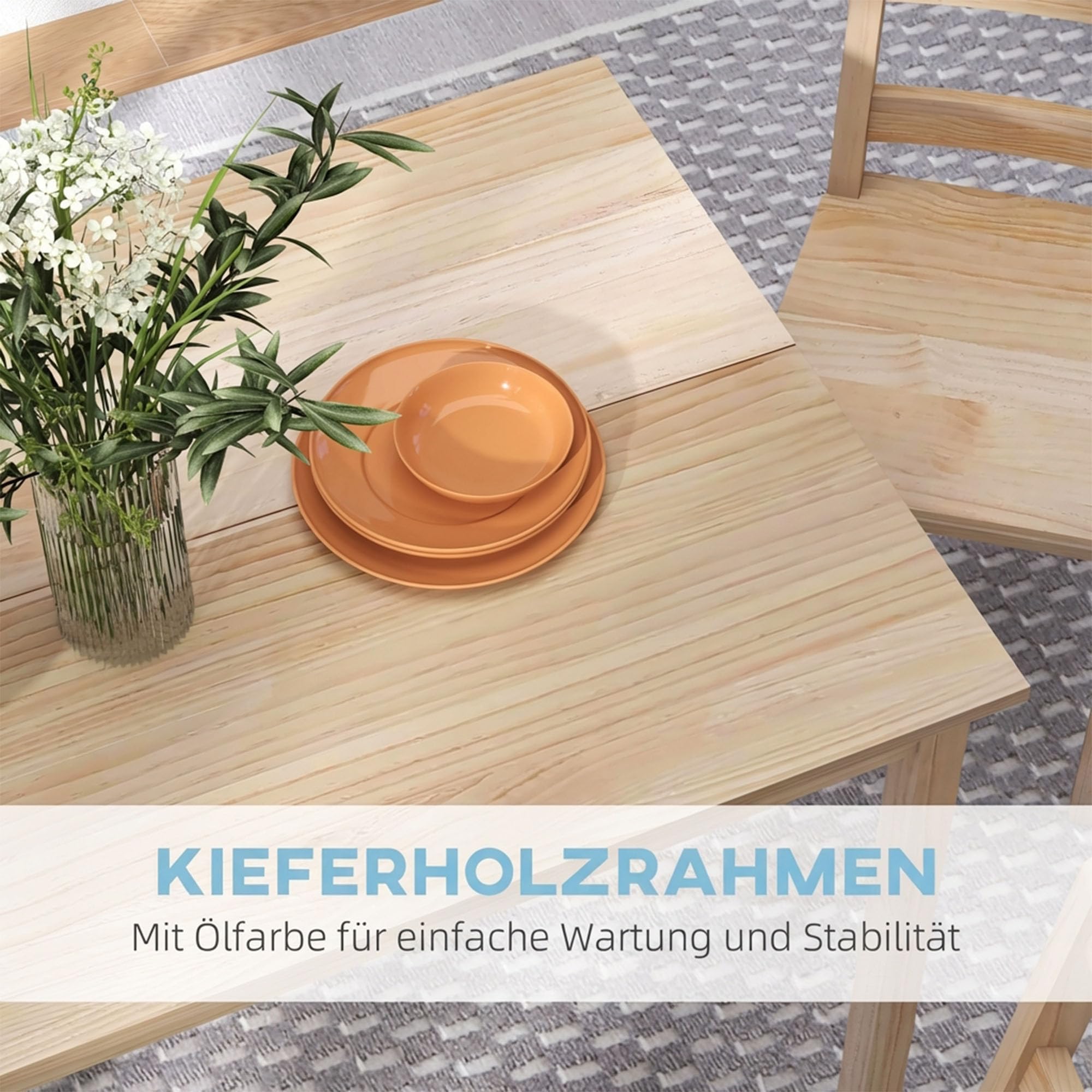 HOMCOM Esstisch mit 4 Stühlen Essgruppe aus Kiefernholz Moderne Esszimmergruppe für Kleine Räume, Esszimmer, Küche, Wohnzimmer, Natur