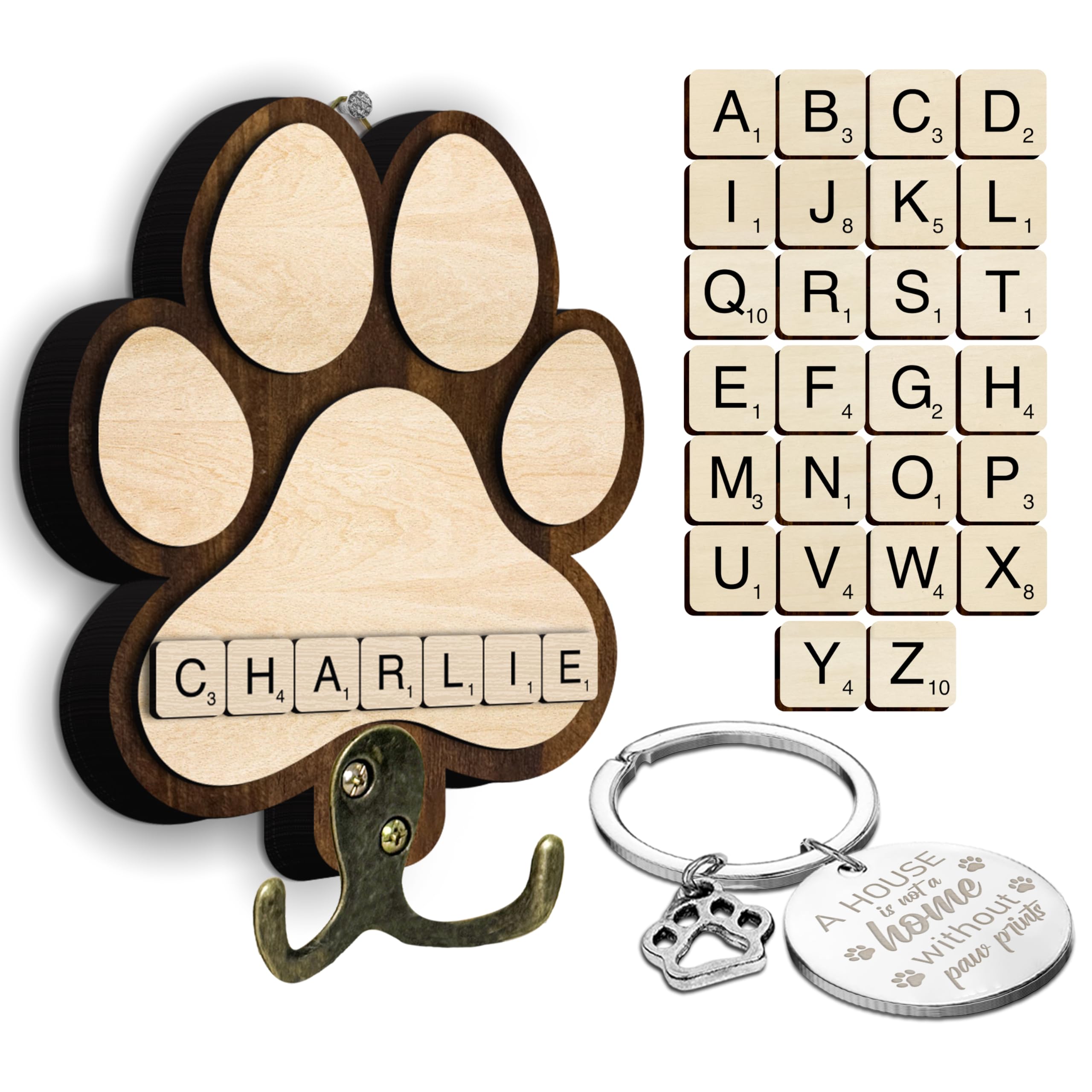 Dog Leash Holder for Wall Mount with Scrabble Letters, Wooden Paw Print Wall Hook, Pet Collar and Harness Organizer for Entryway, Key Hook for Pet Lovers &amp; Dog Owners, Home Decor PF283