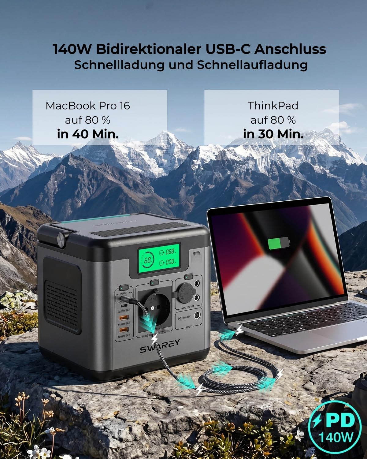 Tragbare Powerstation S550, 555Wh Solargenerator mit 550W (1100W Spitze) AC, 140W Bidirektionale Schnellladung USB-C, Notstromaggregat für Outdoor Camping Wohnmobil Zuhause