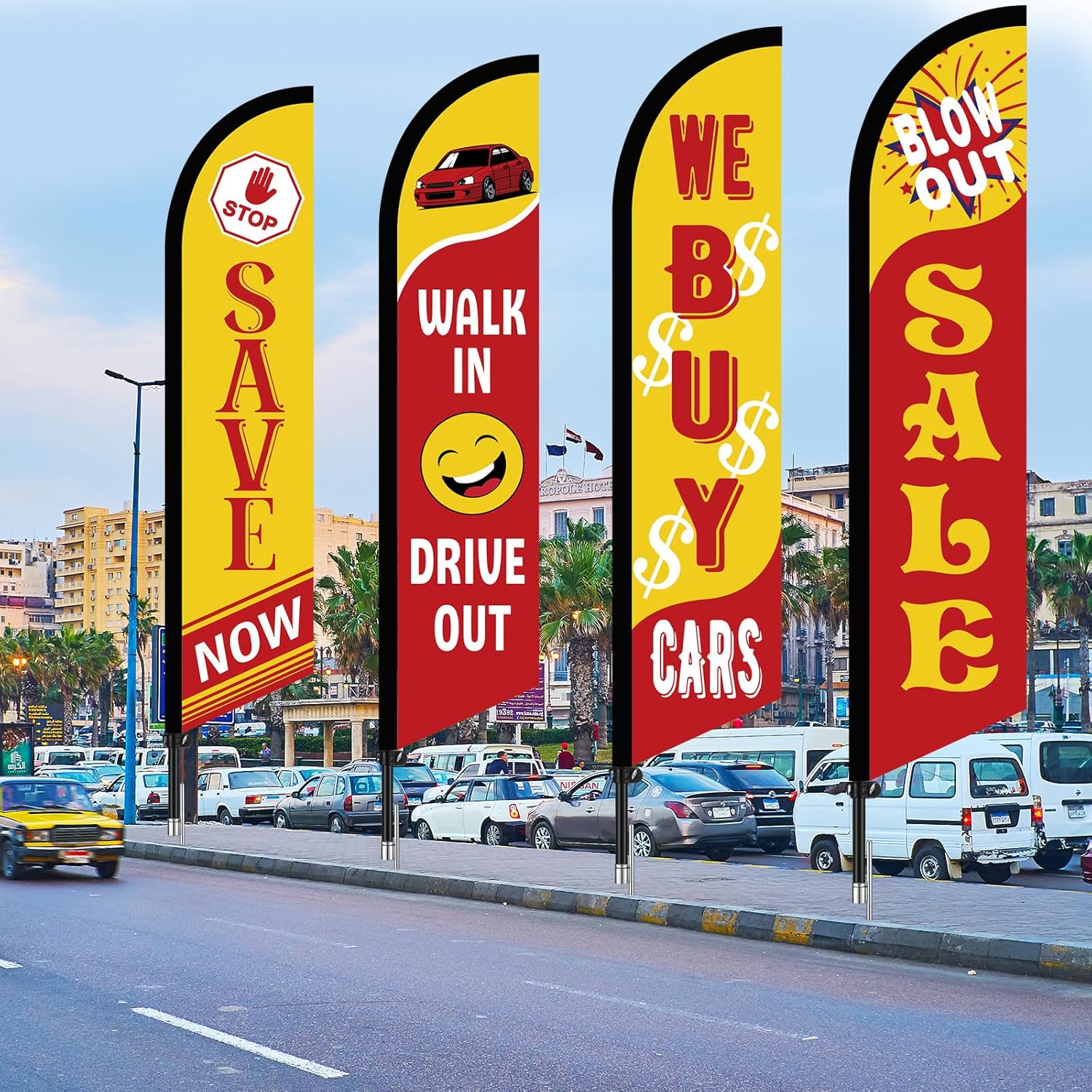 4 Pack Used Cars Flag Windless Swooper Flag 2.5 x 12 ft Auto Dealer Sale Advertising Supplies, Walk in Drive Out, Blow out Sale, Stop Save Now, We Buy Cars - Image 7