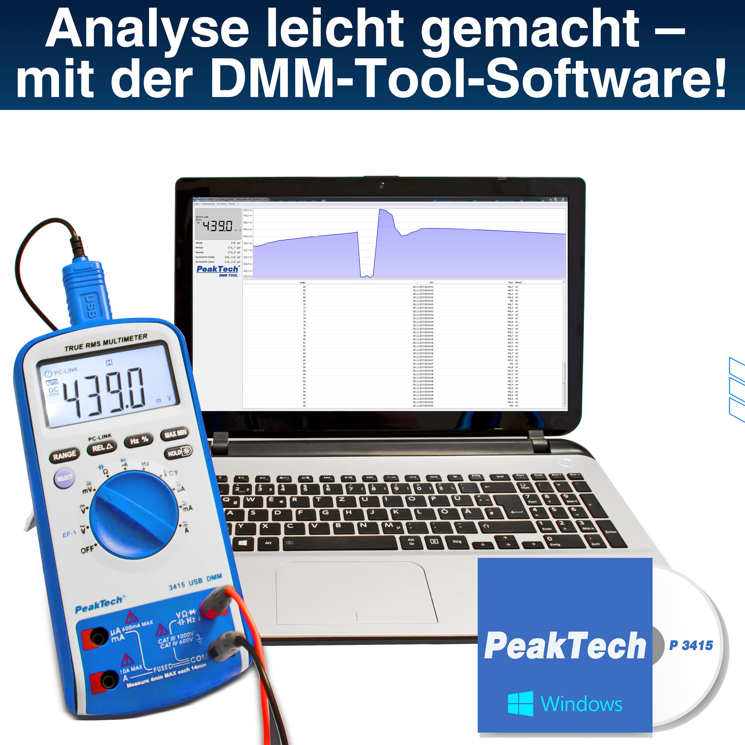 PeakTech P 3415 – TRUE RMS Digital Multimeter 6000 Counts mit USB, Durchgangsprüfer, Temperatur und Autorange - Cat III 1000V/ CAT IV 600V