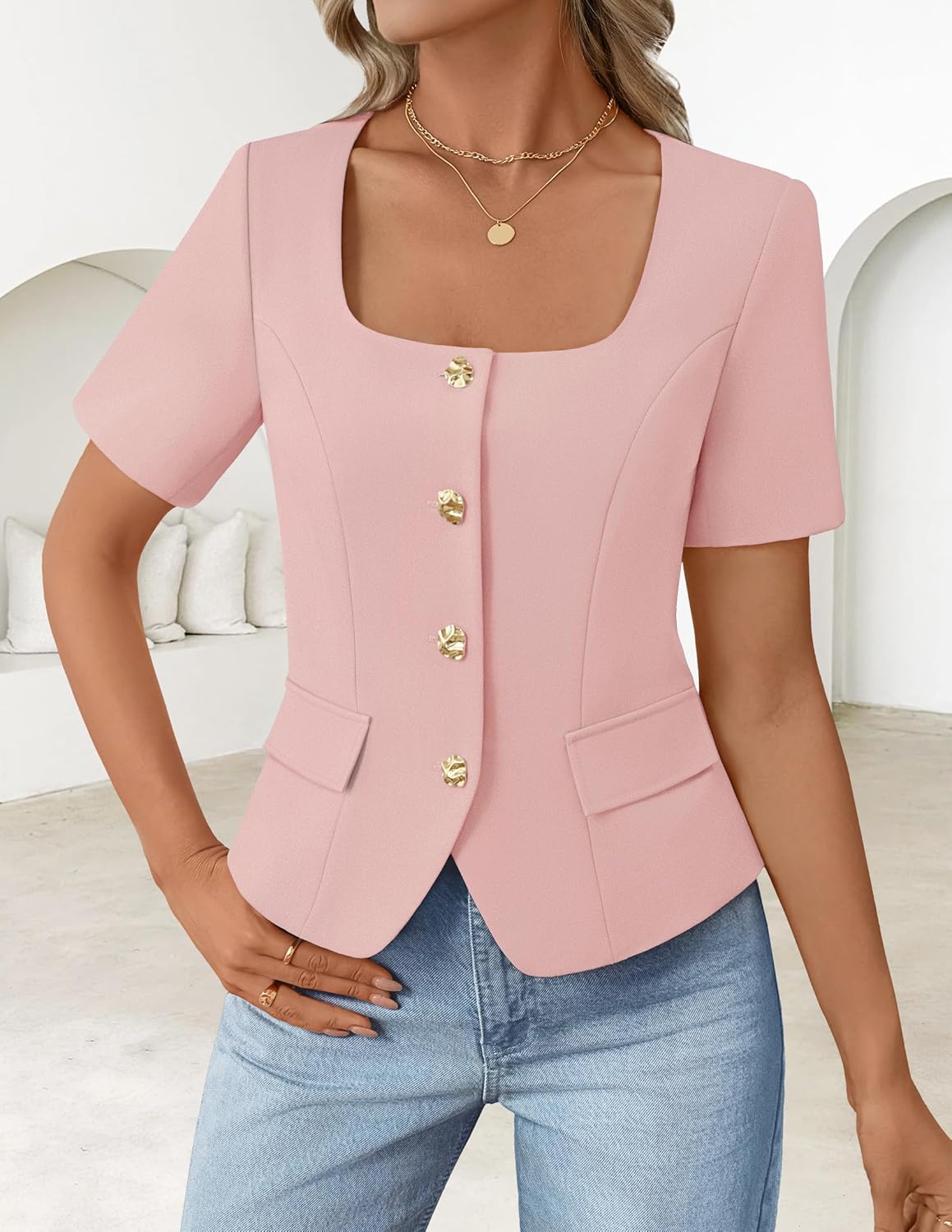 ZESICA Women's Trendy Vests Top 2026 Spring Summer Square Neck Short Sleeve Blazer Button Down Crop Casual Work Blouse - Image 4