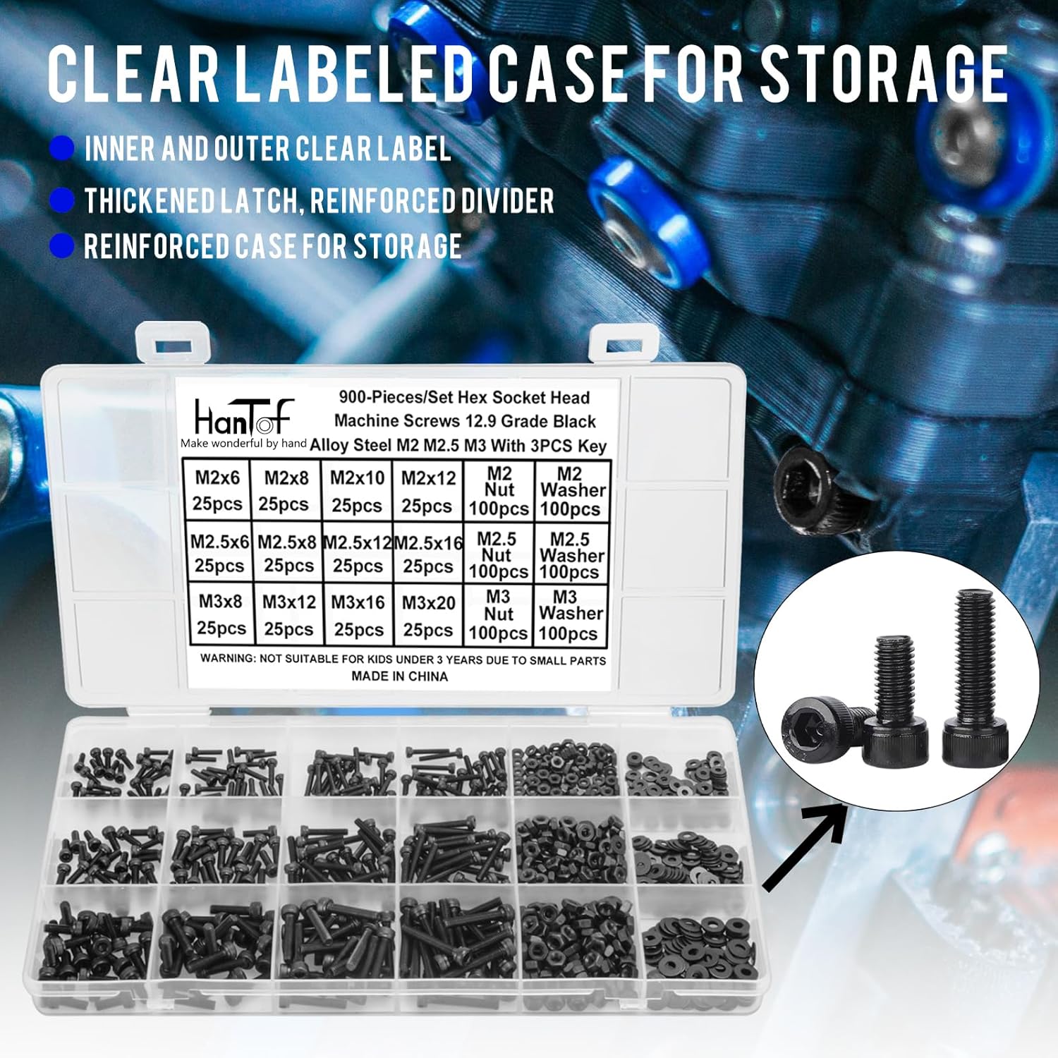 900 Pcs Hex Socket Head Cap Screws Assortment Kit, Small M2 M2.5 M3 Bolts and Nuts Washers Set, Internal Hex Drive Allen Head Machine Screws, Grade 12.9 Alloy Steel Black, Come with Hex Wrench