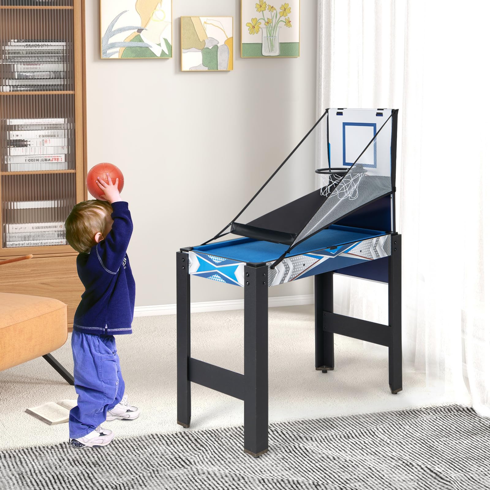 COSTWAY 6 in 1 Tavolo da Gioco, Set Multi-Gioco con Basket Biliardo Ping Pong Hockey Shuffleboard Bowling, Tavolo da Gioco Salvaspazio per Feste Sala Giochi Soggiorno