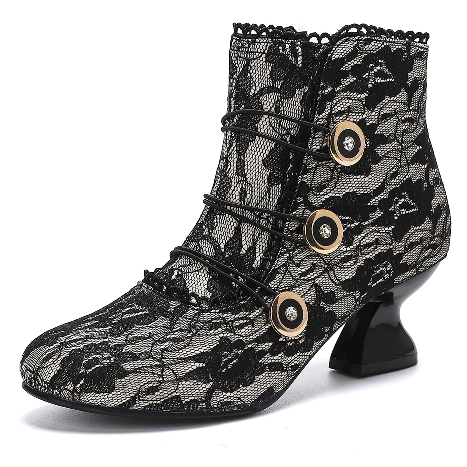 getmorebeauty Womens Ankle Boots Low Heels Lace Buttons Round Toe Side Zipper Vintage Short Boots Autumn Winter