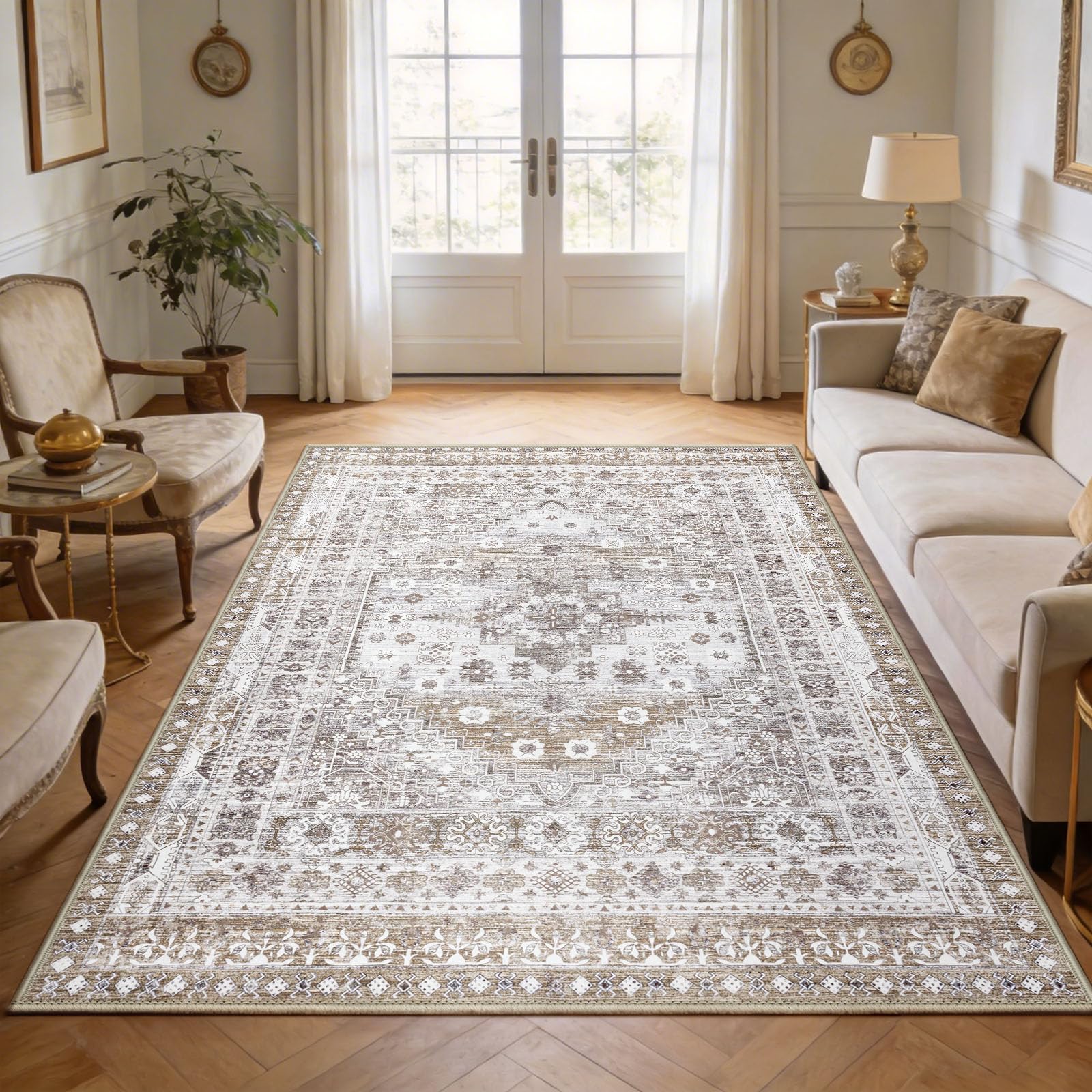 Capslpad Braun Vintage Teppich Wohnzimmer 160x230cm, Retro rutschfest Kurzflor Waschbarer Teppiche, Weich Schlafzimmer Wohnzimmerteppich für Wohnzimmer Schlafzimmer Büro Bereich Esszimmer Living Room