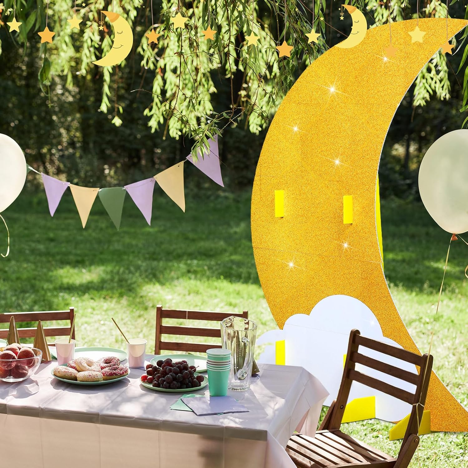 5.9 ft Large Moon Standup Party Decor Gold Moon Standup Party Decoration DIY Waterproof Starry Night Decor Photo Booth Props Cutouts for Movie Night Awards Wedding Birthday Homecomings