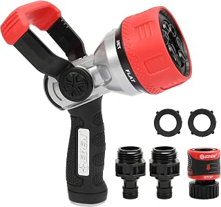 Eden 96806 Heavy-Duty Metal Fireman Hose Nozzle: 7 Spray Patterns, High-Pressure, Quick Connect Set & Bonus Washers