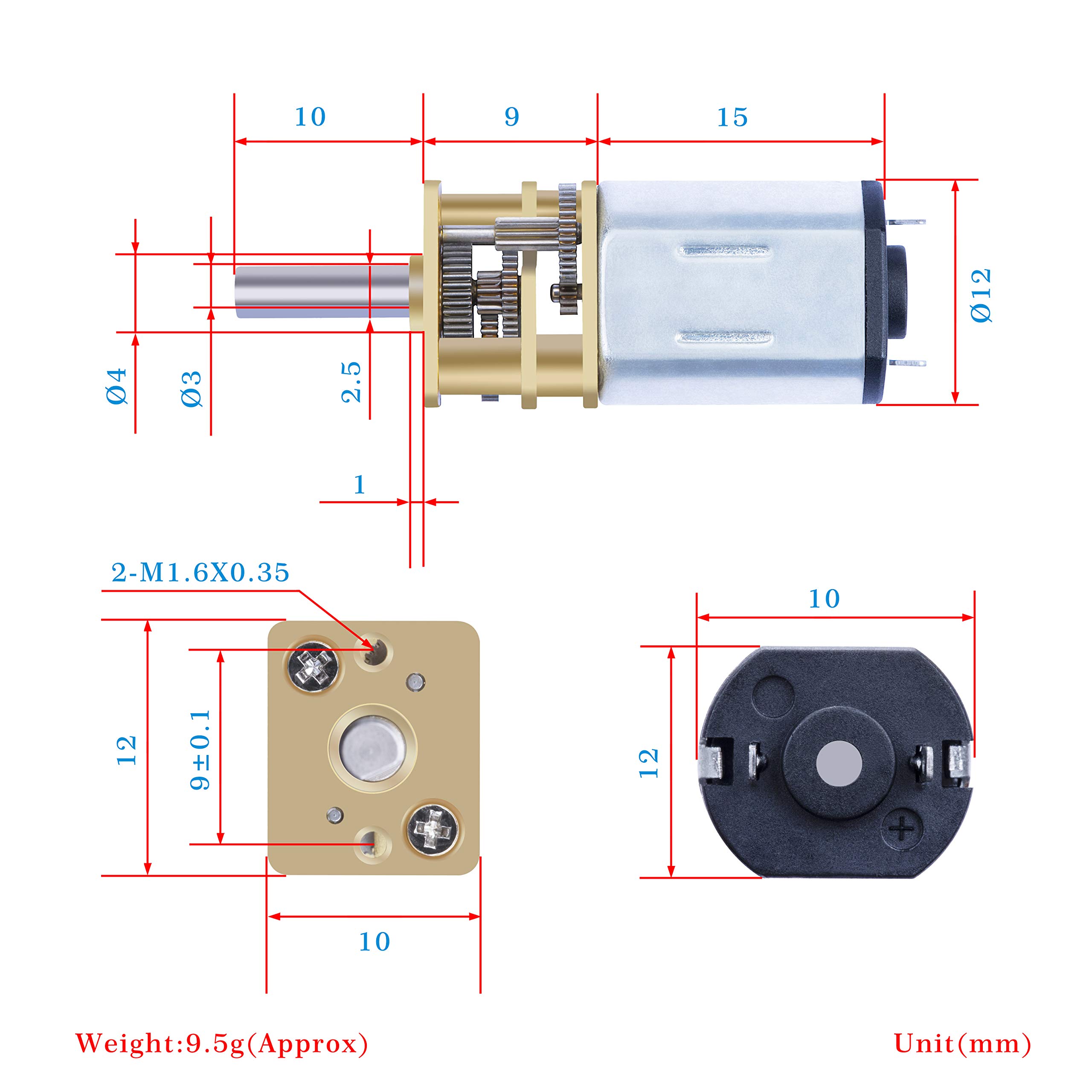 CQRobot Micro Metal Gearmotor 298:1 – 6V, 45 U/min, 2,0 Kg.cm Drehmoment | 2 Stück Mit Halterung, 10x12x26 Mm, Für Modellbau & Roboter