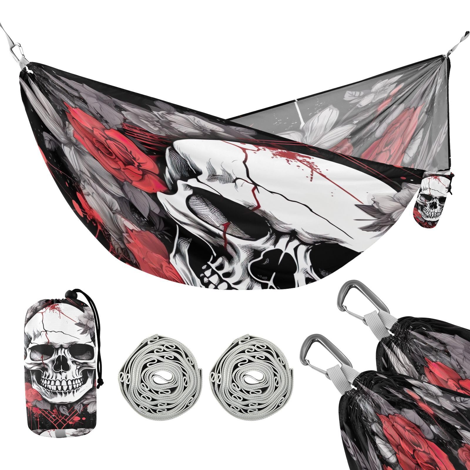 SDMKA Skull with Flowers Camping Hammock, 330 lbs with 2 Tree Straps, Carry Bag, Single Portable Hammock for Outdoor/Indoor, Hiking, Beach, Backpacking, Travel
