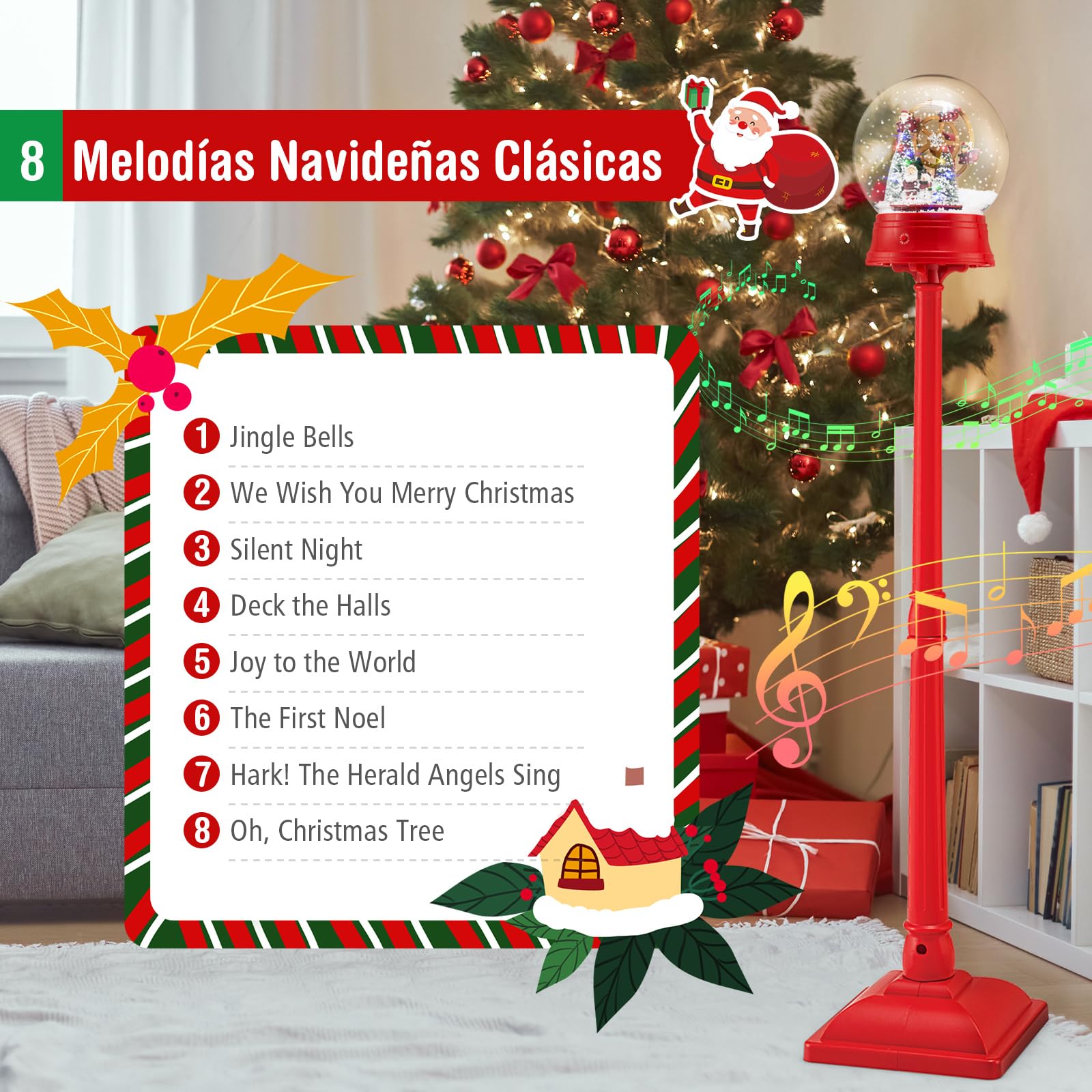 COSTWAY Farola Navideña Musical de 153 cm, Lámpara Globo de Nieve con 8 Tonos, Escena Giratoria, 15 Luces LED Coloridas, Adornos de Navidad de Lámpara de Pie para Entrada, Chimenea, Impermeable