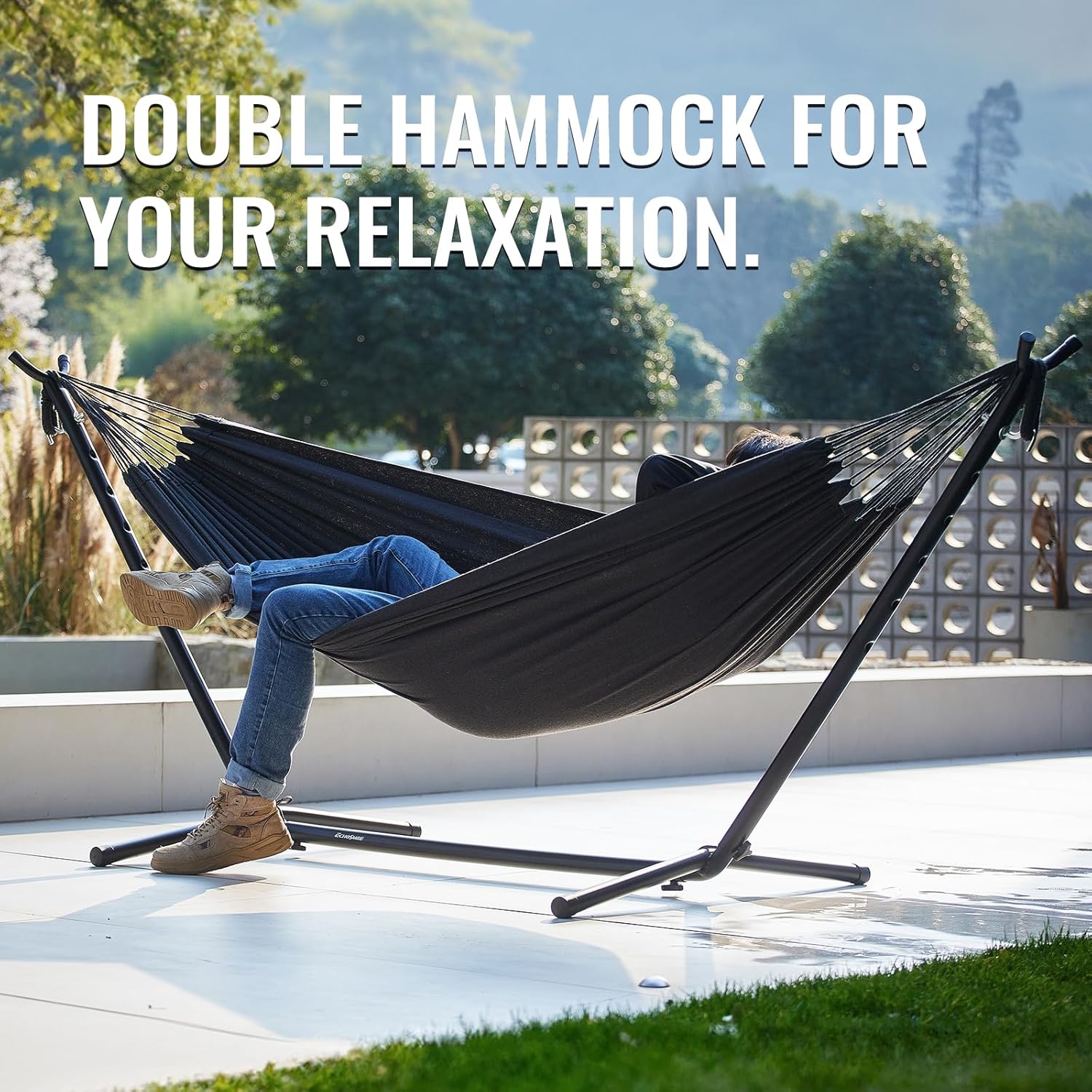 EchoSmile Double Hammock with Detachable Stand - 480 lbs Heavy Duty 2 Person Hammock Adjustable Hooks Indoor Outdoor Stand Hammock Durable Steel Frame - Gray